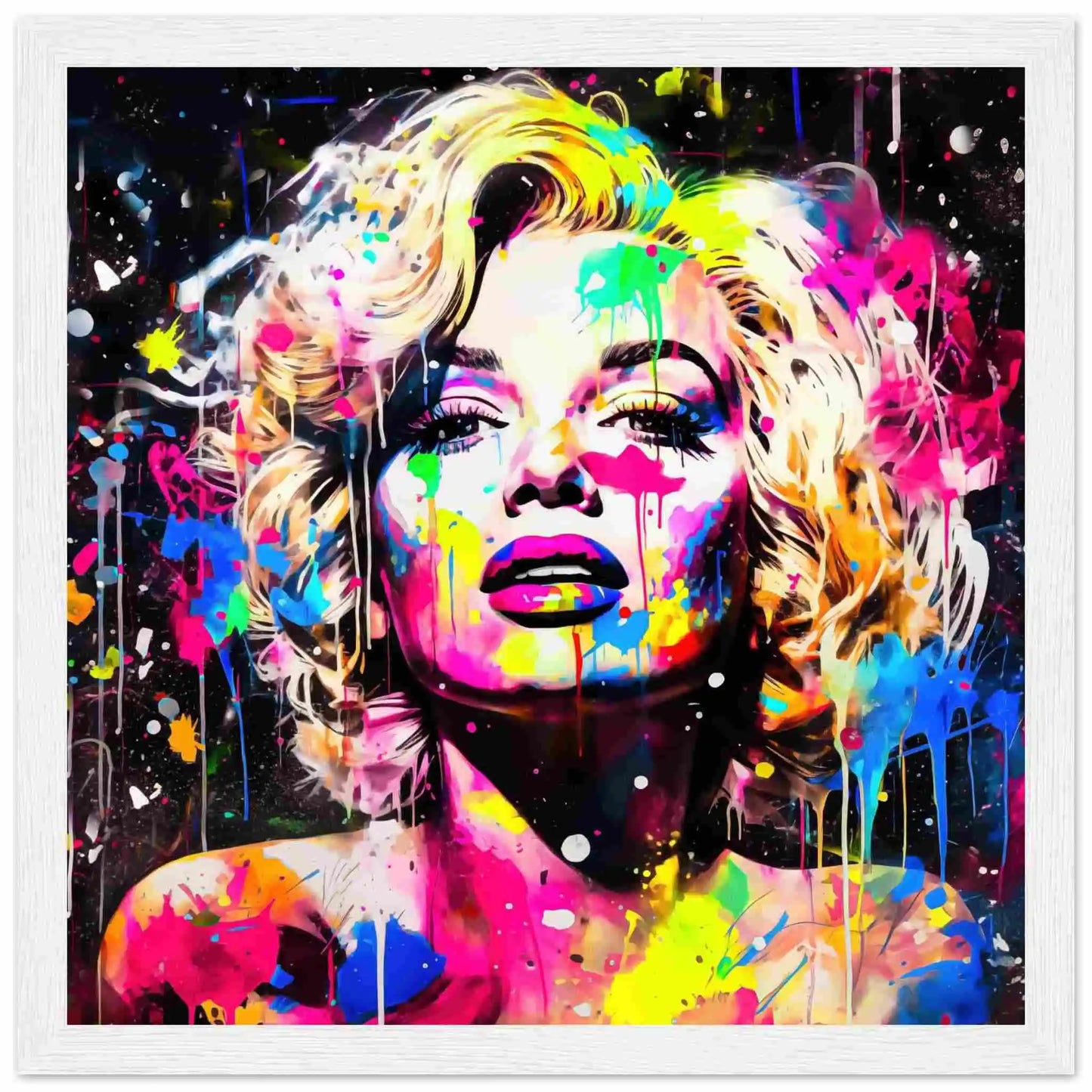 White wooden framed print of Marilyn Monroe's face splattered with colorful paint. Marilyn's Splatter-Sensation-Graphique Addictions.