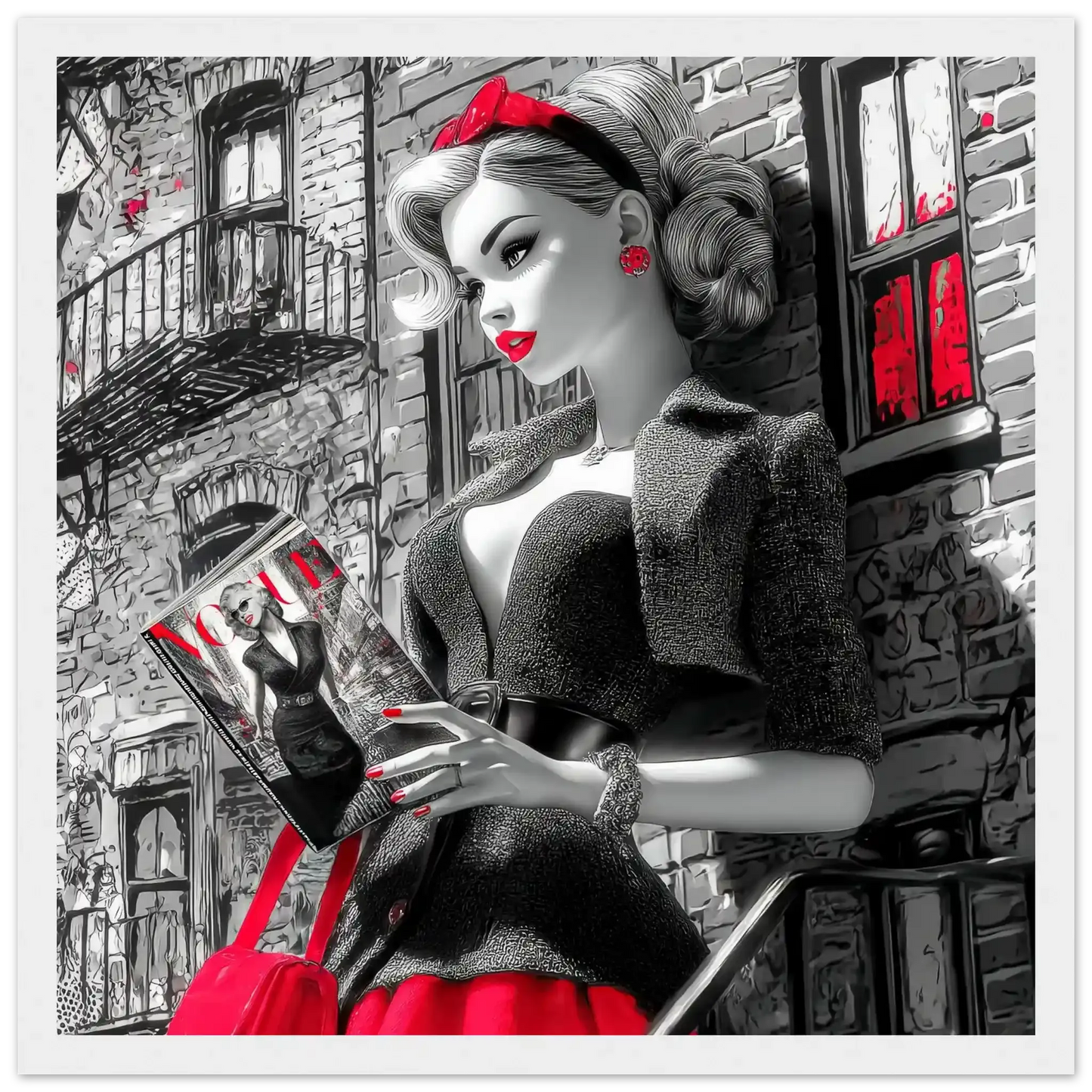 Black and white art of a fashion doll wearing a red skirt and black blazer, on a NYC street corner holding a magazine-white-12x12-inches-wooden-framed-print-nyc-noir-doll, Graphique Addictions