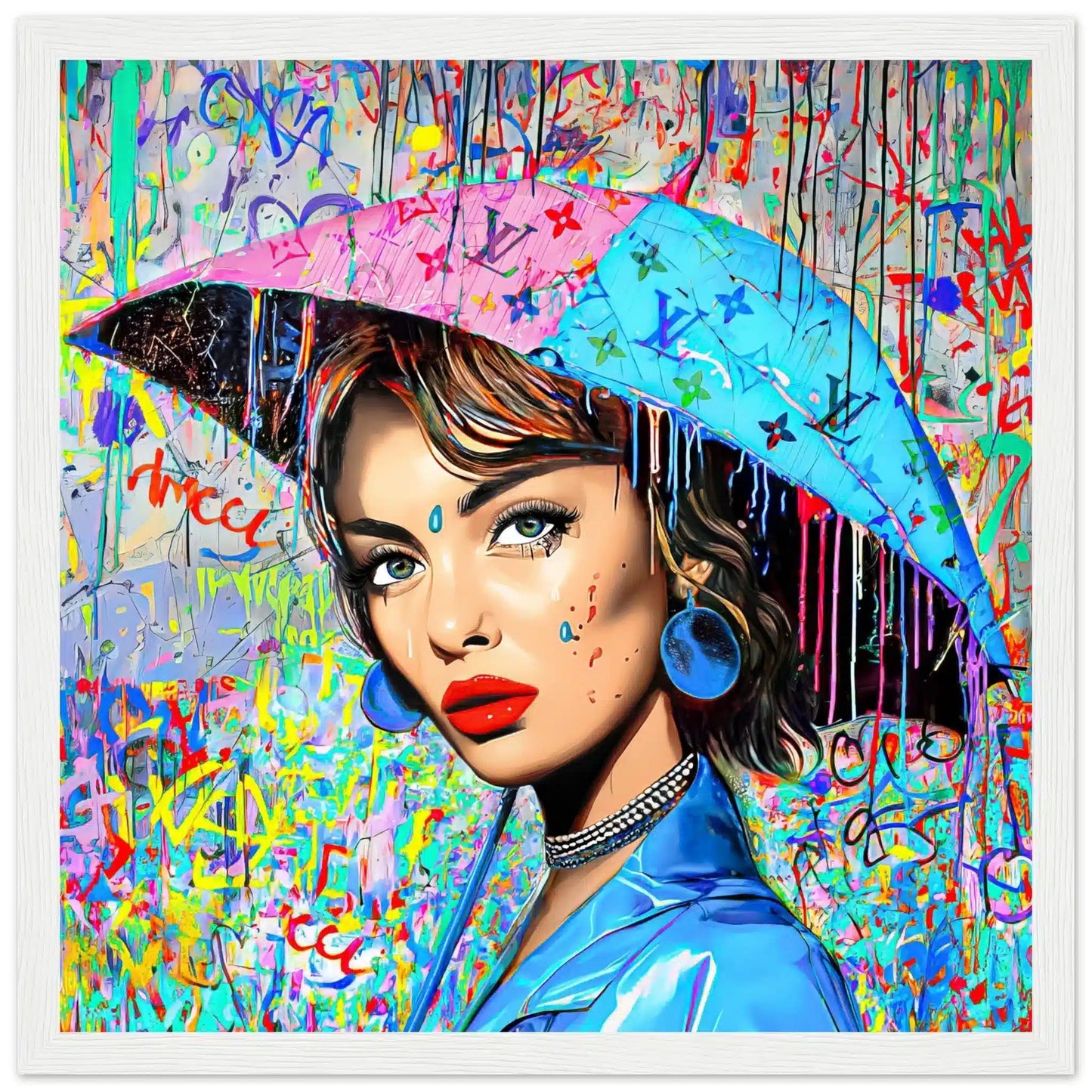 White wooden framed print of Audrey Hepburn holding an umbrella decorated with graffiti and Louis Vuitton-inspired monogram and a backdrop with patterns of graffiti and dripping paint. Painted Rainfall-Graphique Addictions.