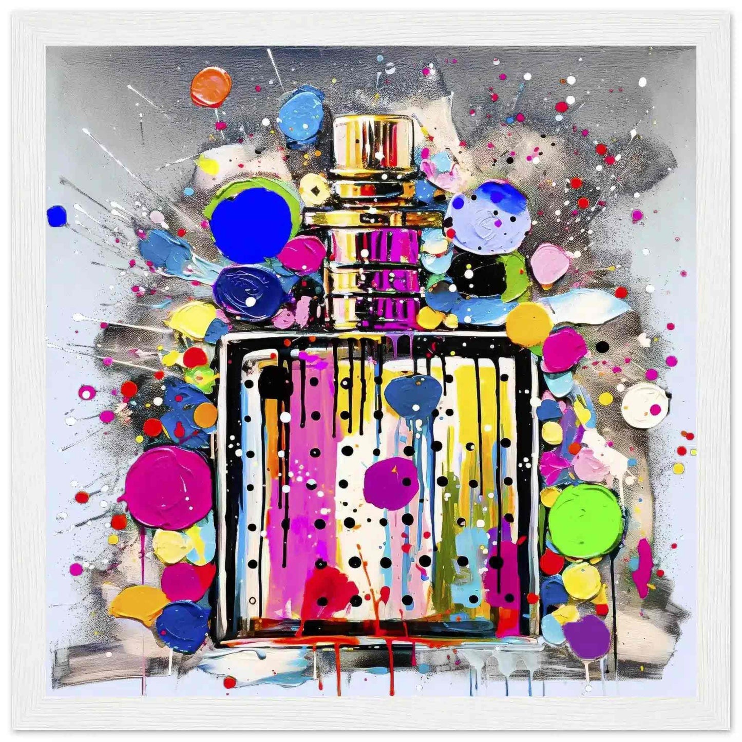 White framed print of perfume Bottle Paint Splash Pop Art - Polka Pop Aroma Canvas Print-Polka Pop Aroma-Graphique Addictions