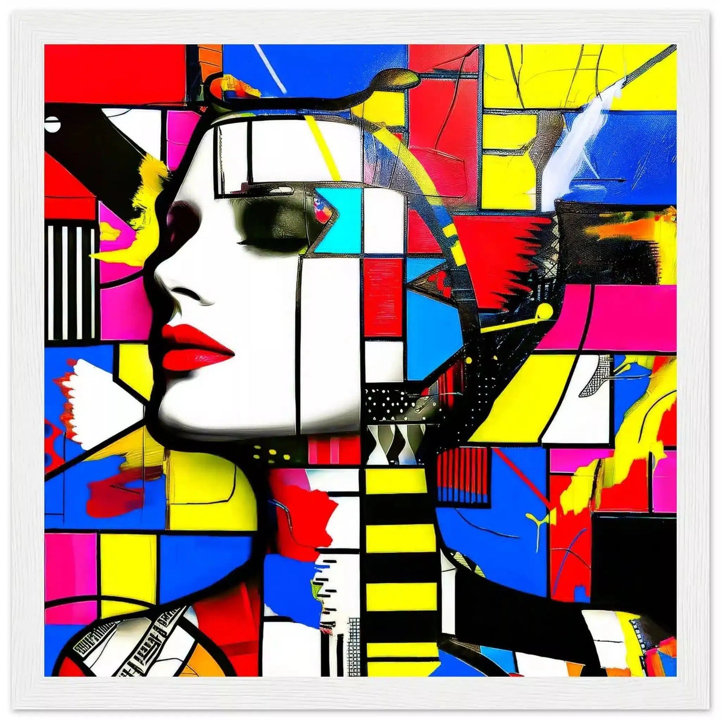 Face with bold geometric patterns in red, blue, yellow, and pink, evoking futuristic charm. White Wooden Framed Print-Technicolor Temptress - Framed Print-Graphique Addictions