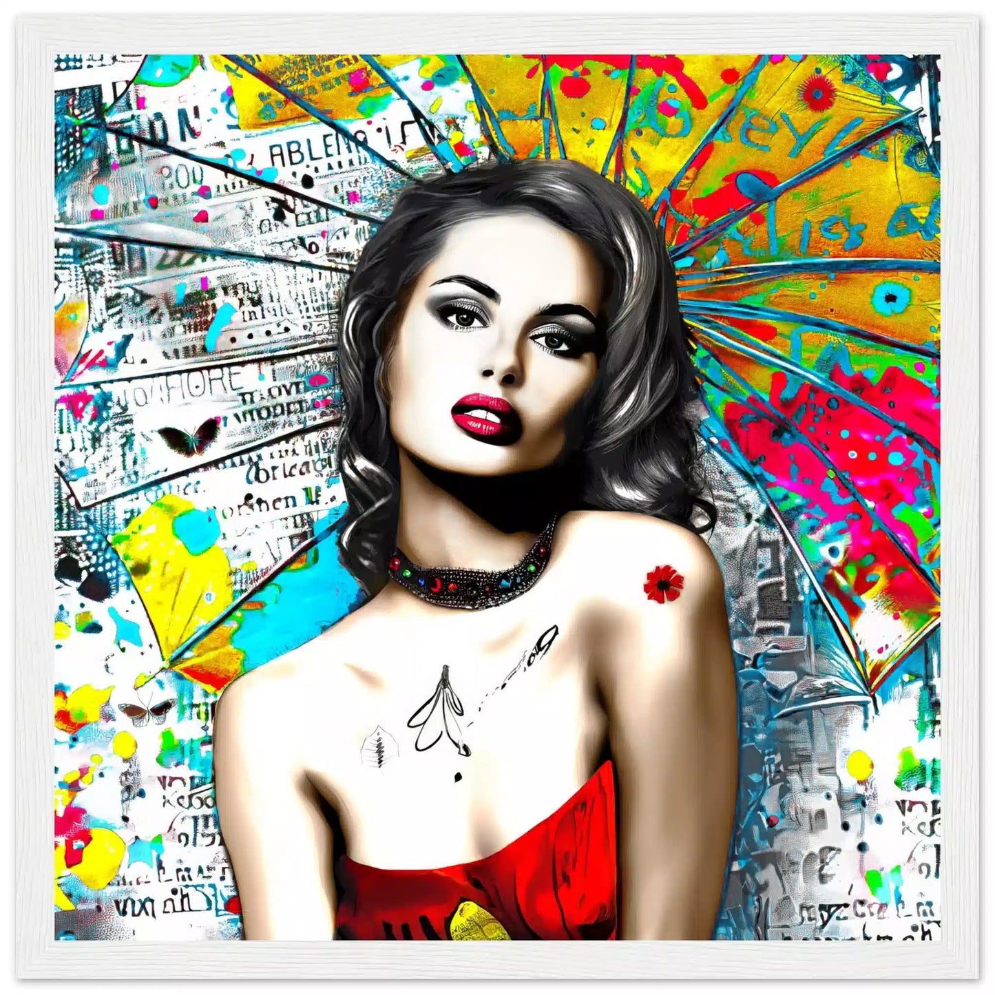 White wooden frame of woman against vibrant graffiti ink and vibrant colors. Umbrella Ink Pop-Graphique Addictions.