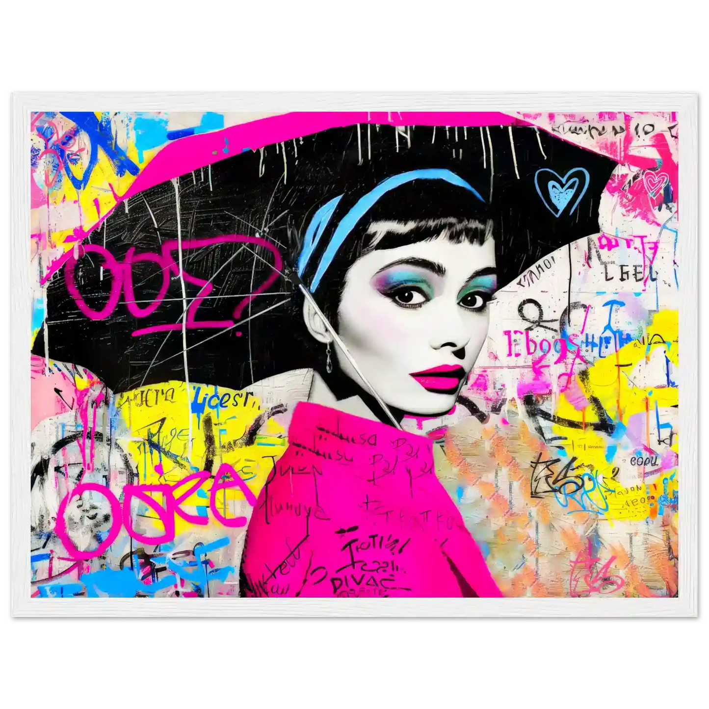 White wooden framed print of colorful graffiti pop art portrait of Audrey Hepburn holding an umbrella. Graffiti Drizzle, Graphique Addictions.