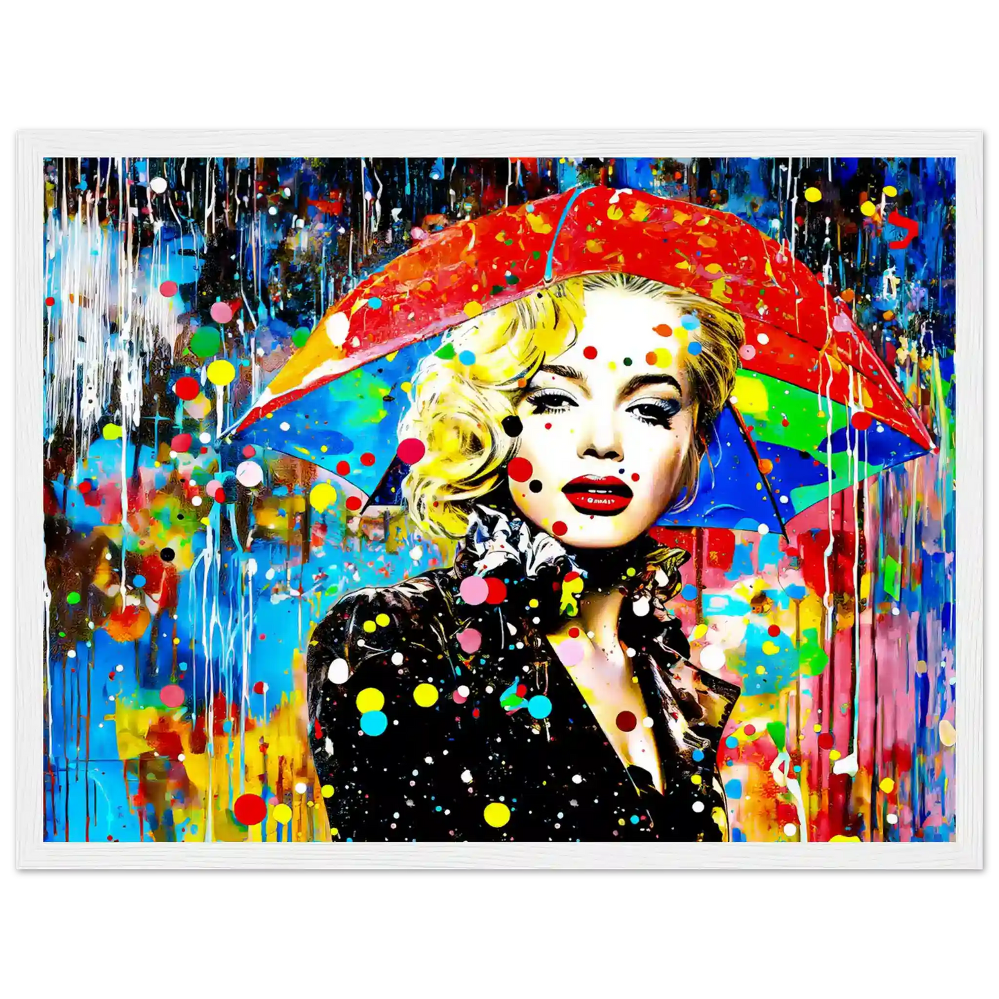 White wooden framed print of Marilyn Monroe with an umbrella and colorful painted rain drops. Splash of Elegance-Graphique Addictions.