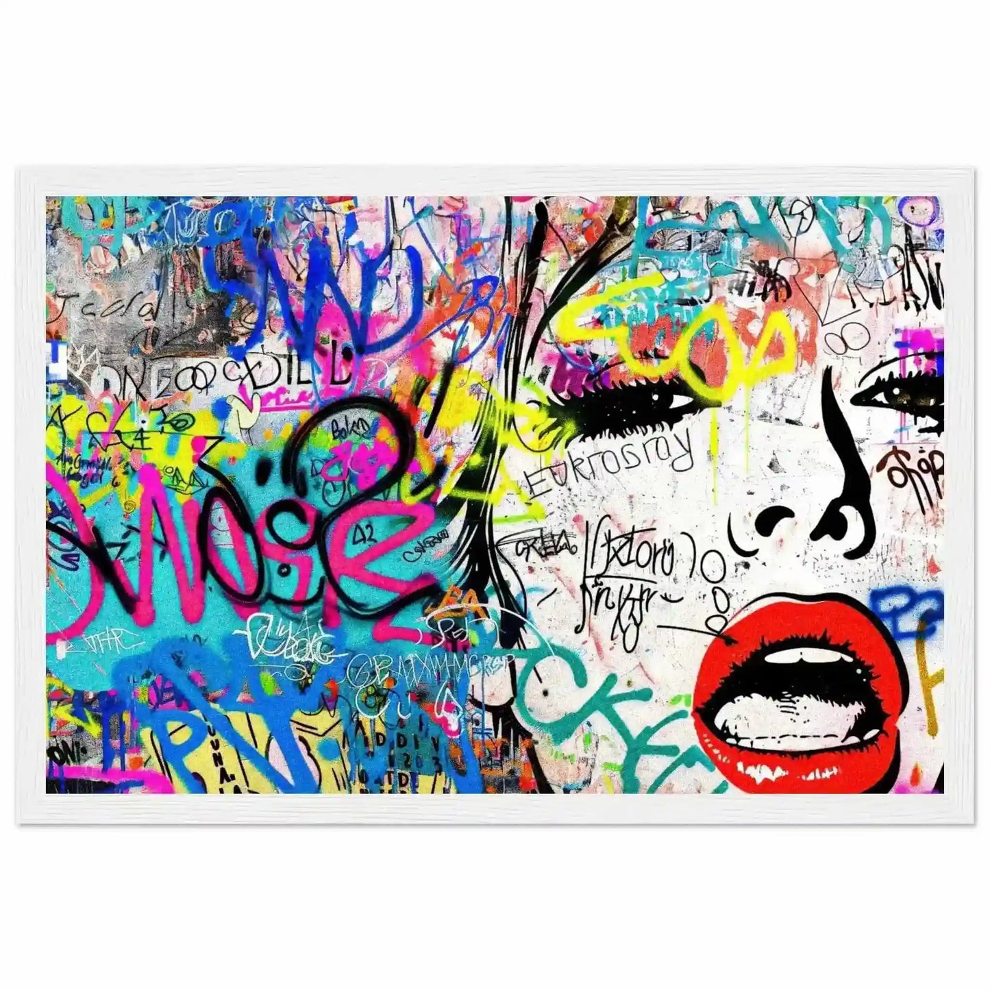 Chic Femme Graffiti Gaze: Pop art portrait of a woman against colorful graffiti, bold brush strokes, and ink splashes in a white wooden frame-Graphique Addictions.