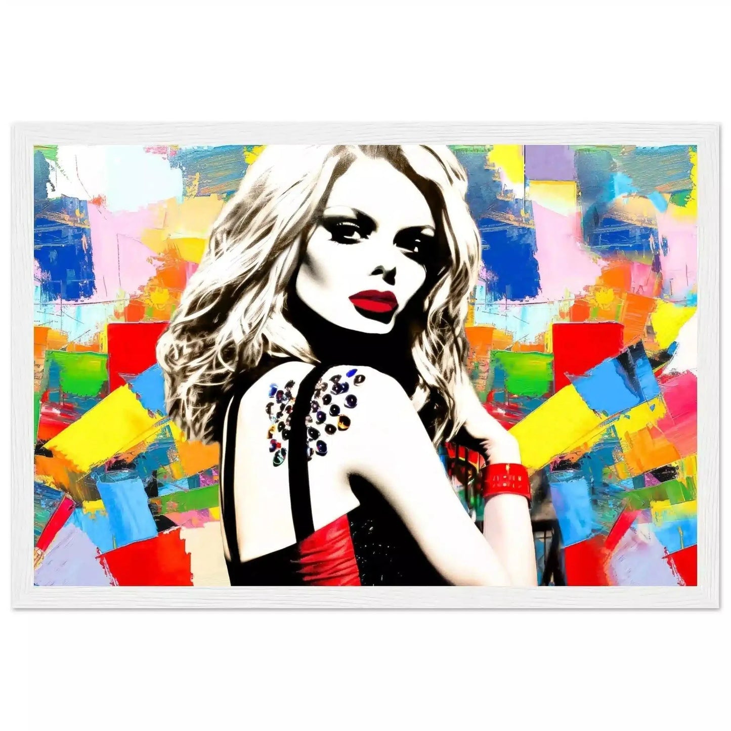 White wooden framed print of Claudia Schiffer against a backdrop of multi-colored abstract geometric patterns wearing a black and red dress. Claudias Chromatic Cosmos-Graphique Addictions.
