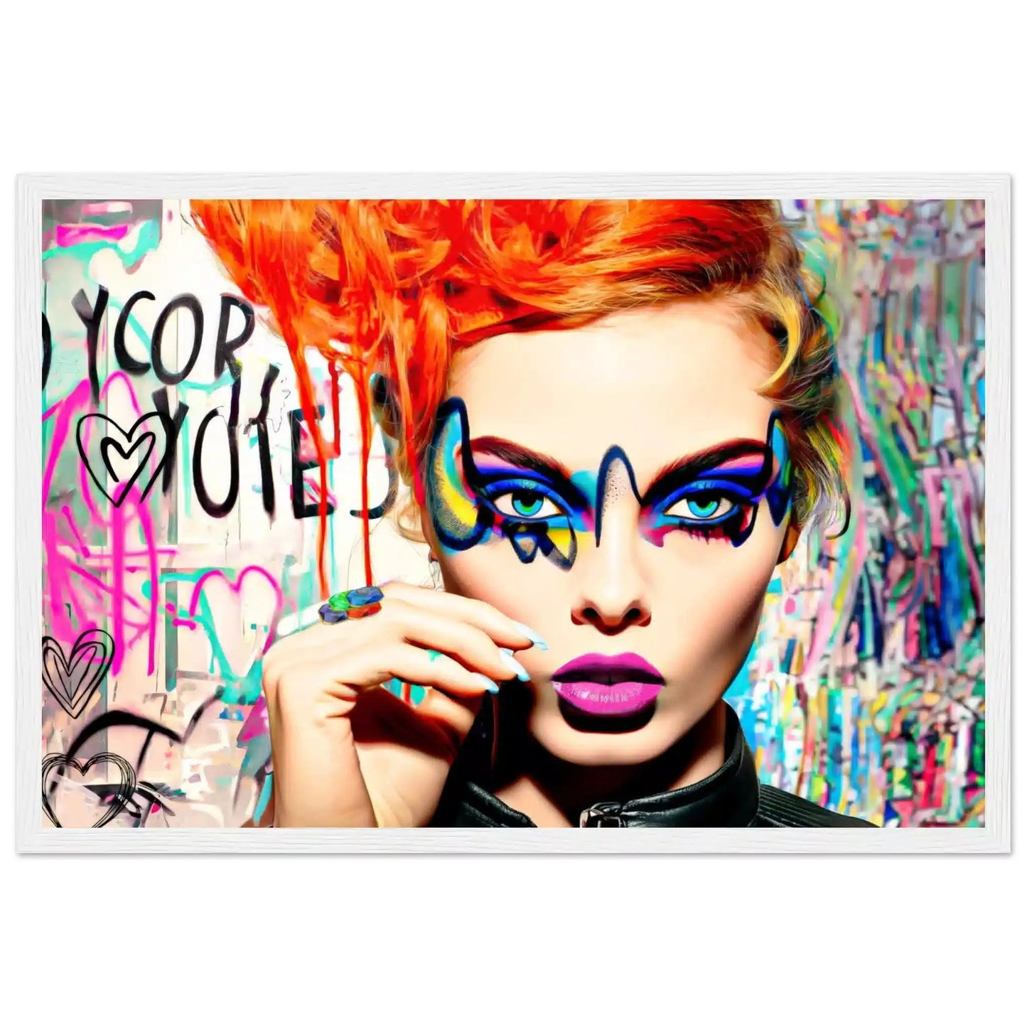 Woman with orange-red hair, blue eyes, and vibrant geometric eyeshadow against a colorful graffiti backdrop white wooden framed artwork titled: Colorburst Diva-Graphique Addictions.