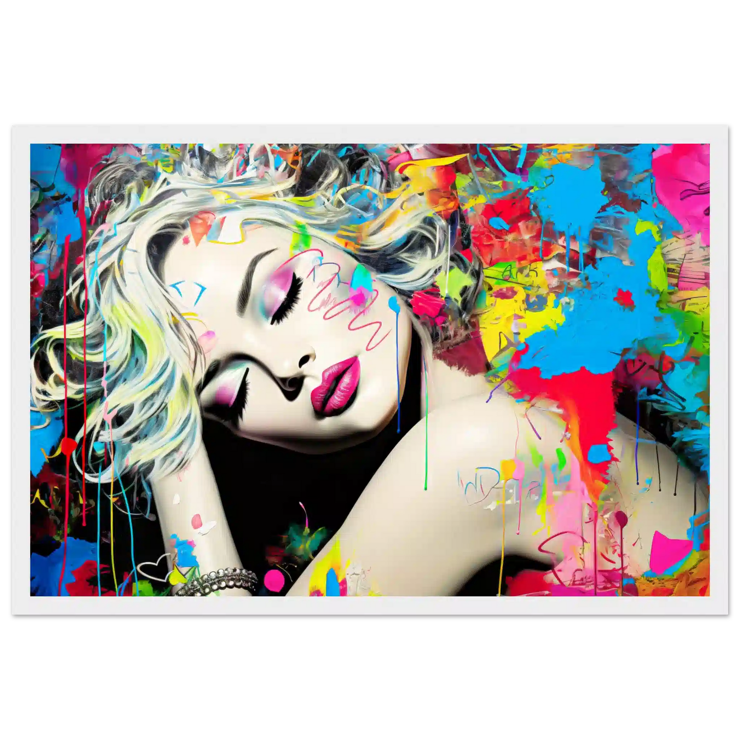 Blonde woman with colorful makeup, tattoos, and graffiti against a backdrop of colorful splashes. White wooden framed artwork titled: Colorful Captivation-Graphique Addictions.