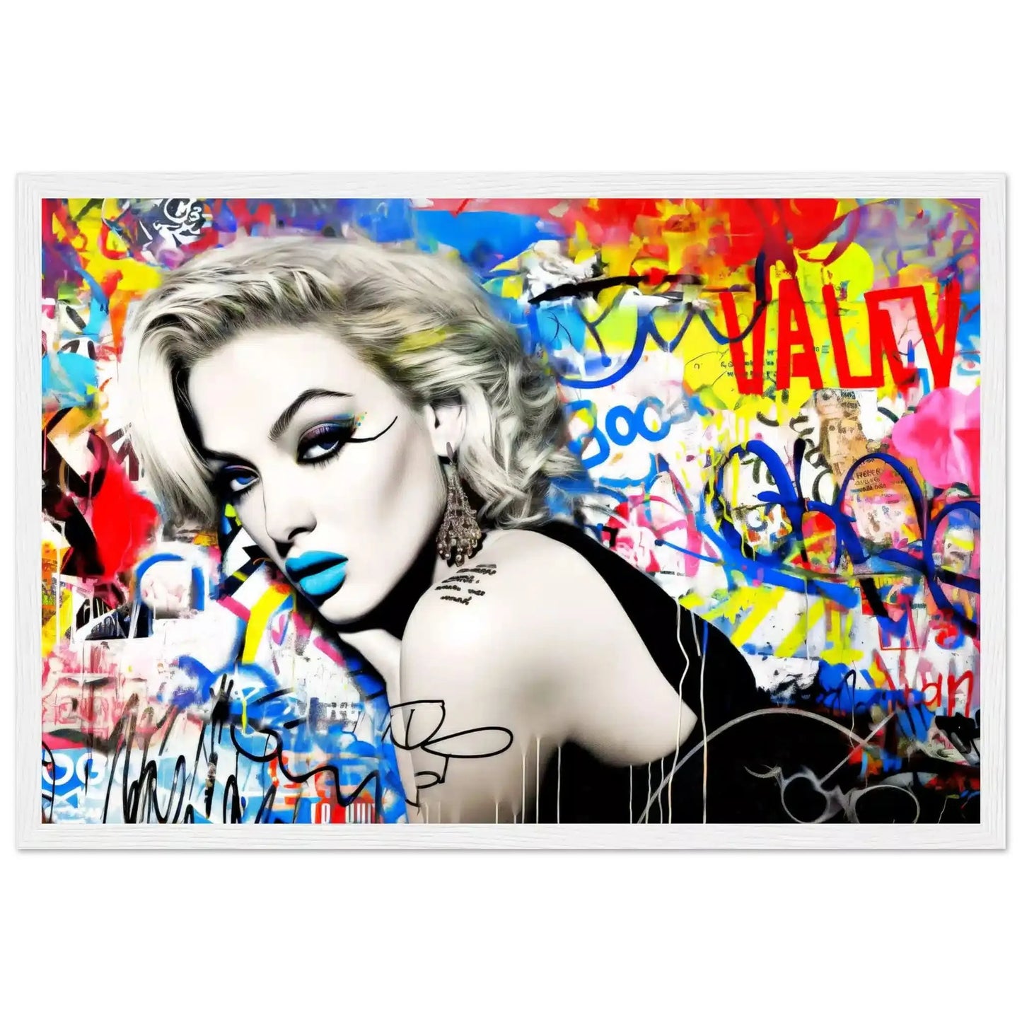 White wooden framed print of woman lying on her stomach, surrounded by vibrant graffiti, wearing blue lipstick and winged eyeliner, in a black dress. Titled: Graffiti Dreamscape-Graphique Addictions.