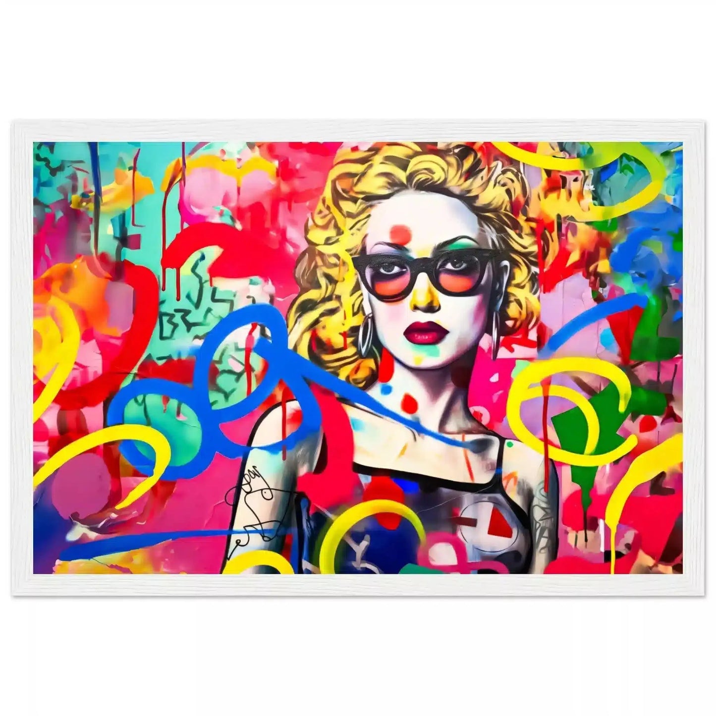 White wooden framed art print of a blonde haired woman with tattoos wearing sunglasses, set against a vibrant graffiti backdrop. Title: Graffiti Tattooed Temptation-Graphique Addictions.