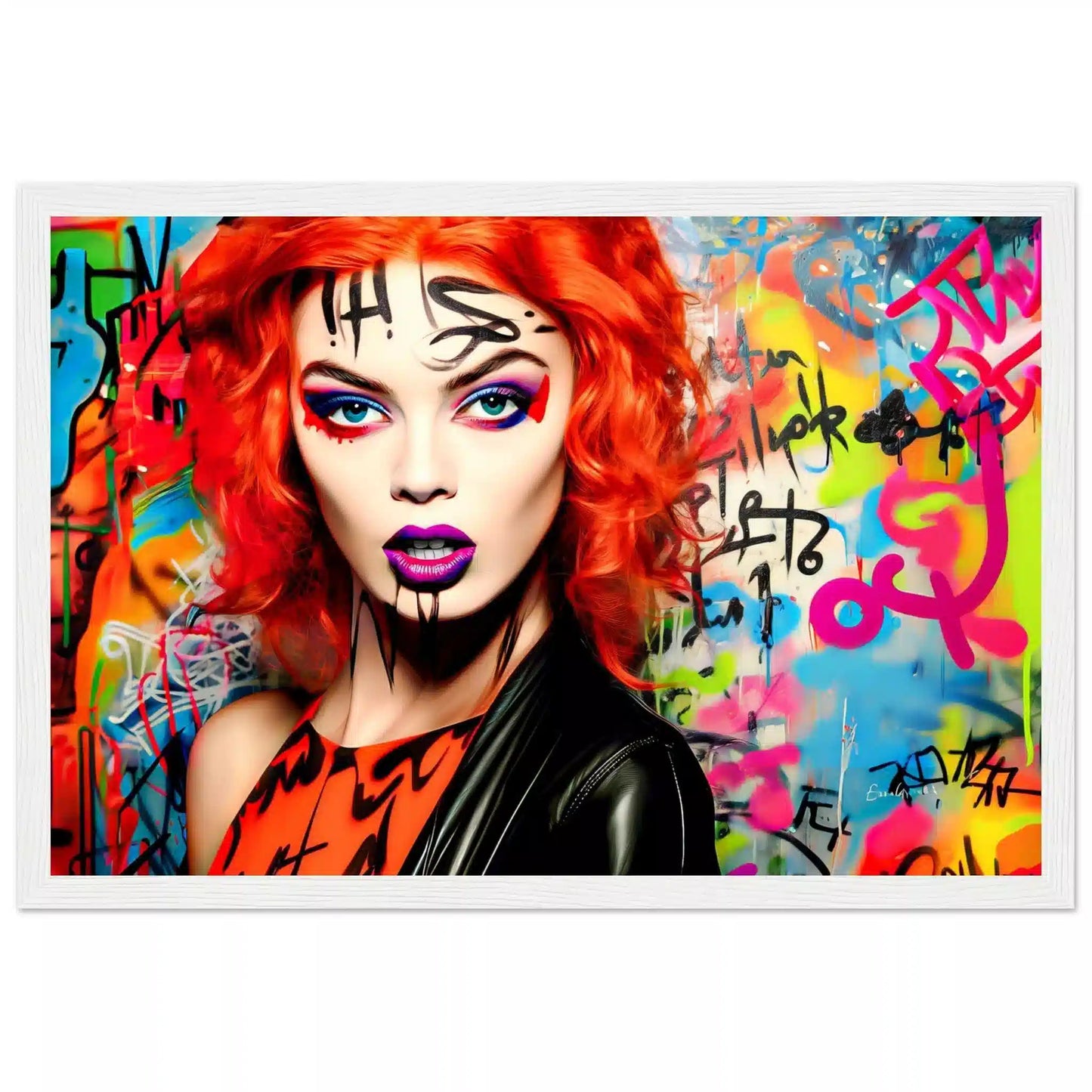 White wooden framed artwork featuring a red-headed woman with bold gothic makeup, wearing a black leather jacket and an orange top, set against a colorful graffiti background. Graffiti Vixen-Graphique Addictions.