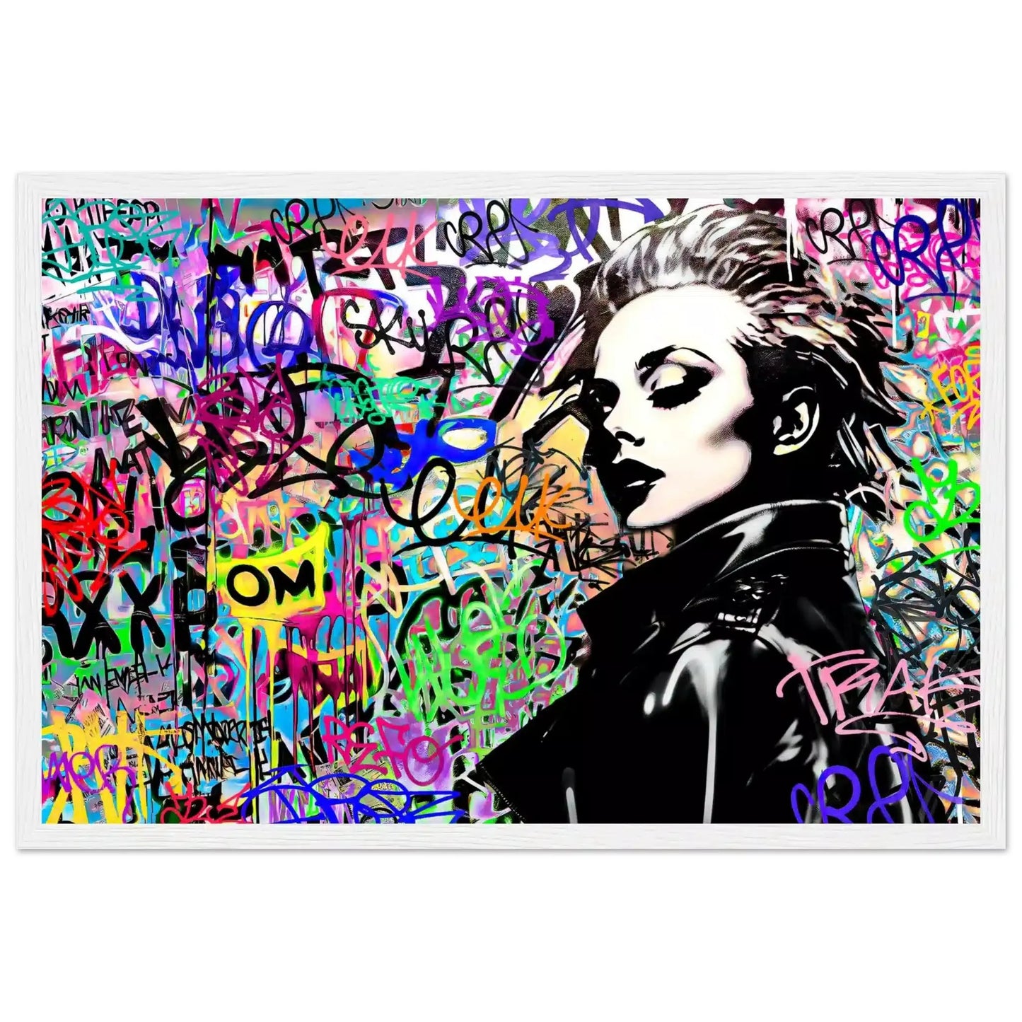White wooden framed print of Madonna wearing a black leather jacket against a backdrop of colorful graffiti and lettering. Chromatic Chaos-Graphique Addictions.