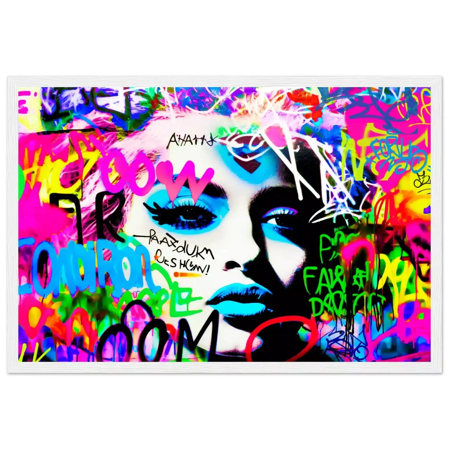 White wooden framed print of Madonna's face covered in colorful graffiti. Madonna's Graffiti Groove-Graphique Addictions.