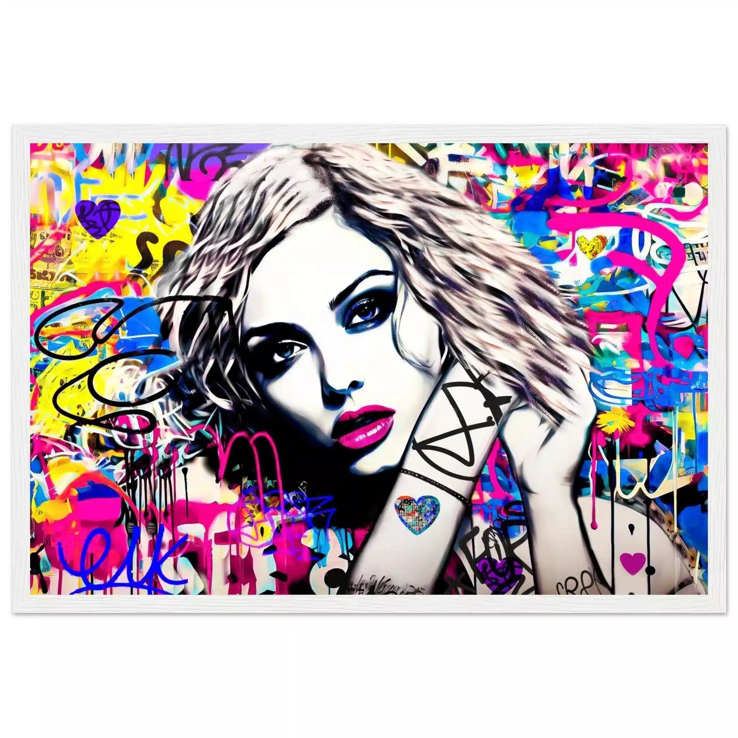 White wooden framed print of a close-up of Madonna's face surrounded by colorful graffiti. Madonna's Street Art Sensation-Graphique Addictions.