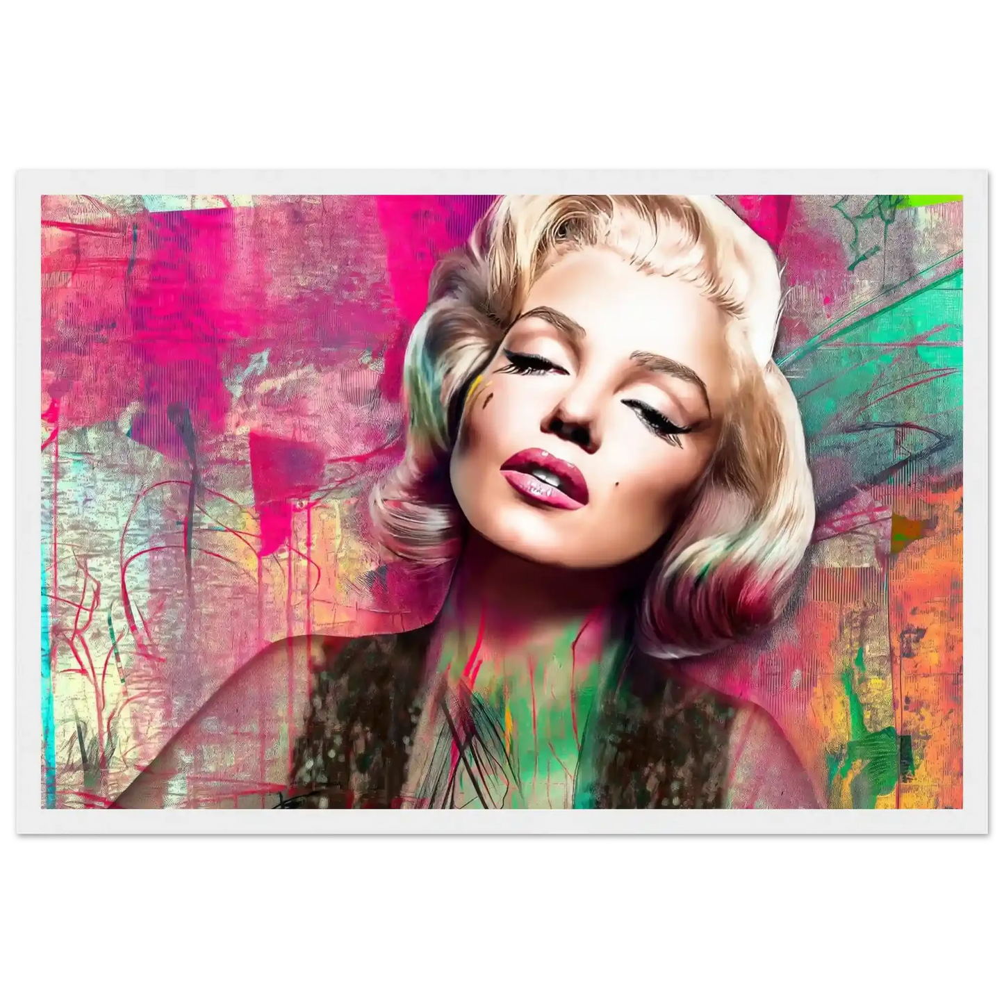 Abstract portrait of Marilyn Monroe with pink lips and lime green graffiti-style background-white-12x18-inches-wooden-framed-print-marilyns-candy-lime-collage-framed-print, Graphique Addictions