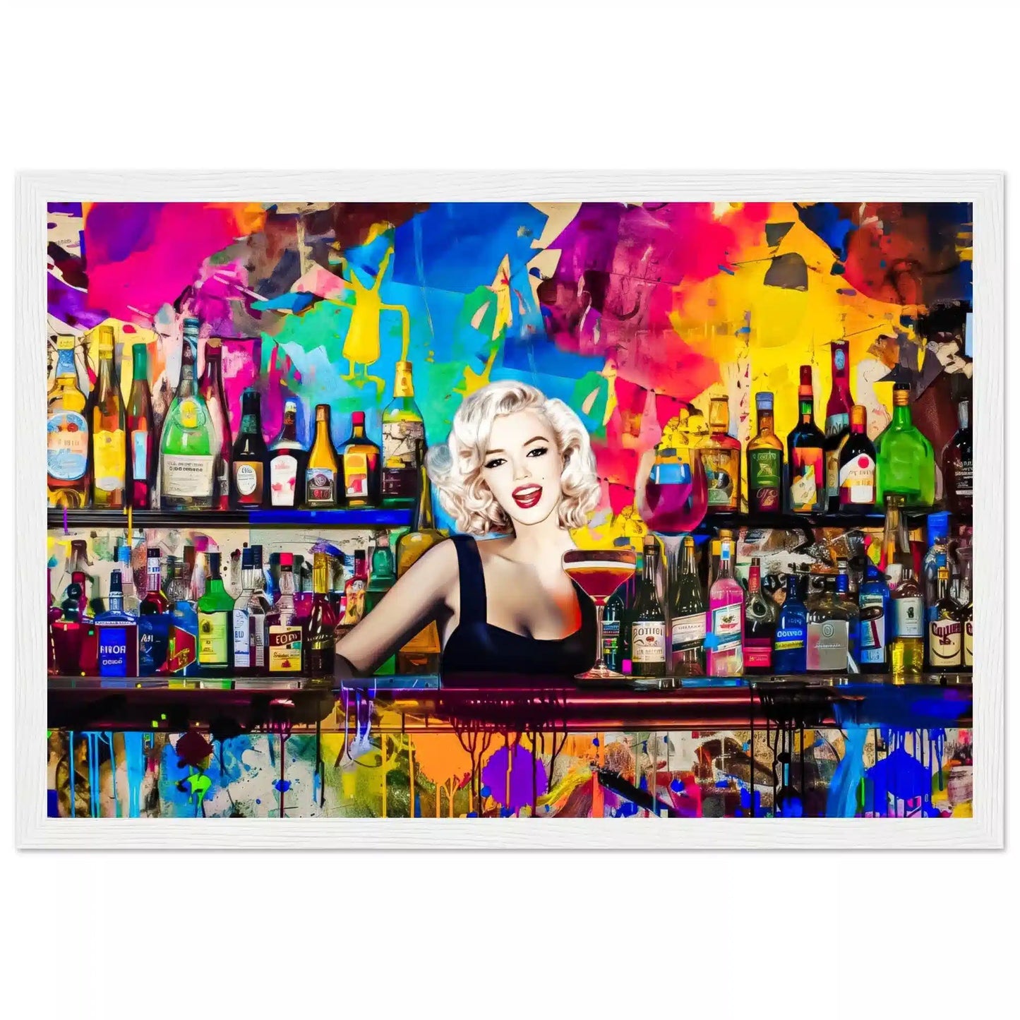 White wooden framed print of Marilyn Monroe as a bartender, in a colorful bar surrounded by vibrant abstract patterns and shelves stocked with colorful liquor bottles. Monroe Mixology-Graphique Addictions.