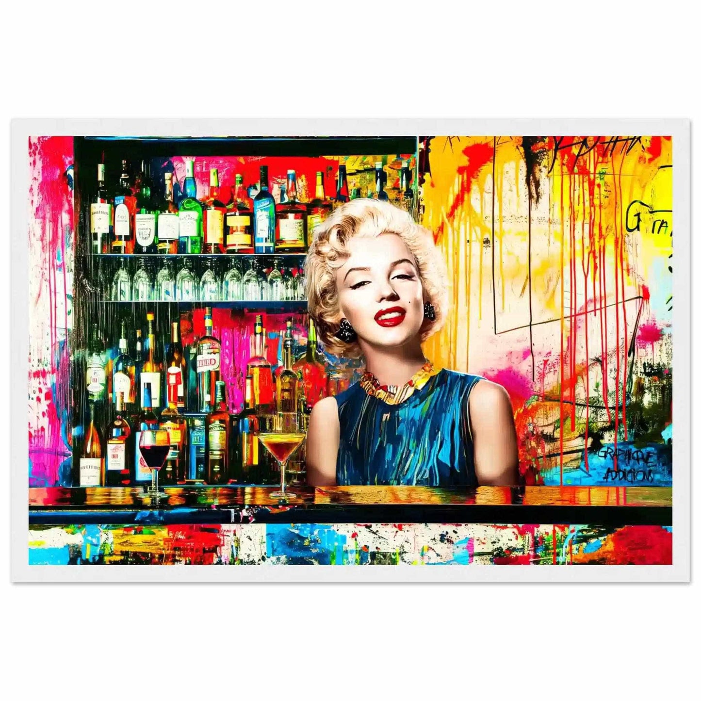 White wooden frame of Marilyn Monroe standing behind a bar with alcohol bottles on the shelves, vibrant abstract colors, graffiti, and paint. Monroe's Cocktail Hour-Graphique Addictions.