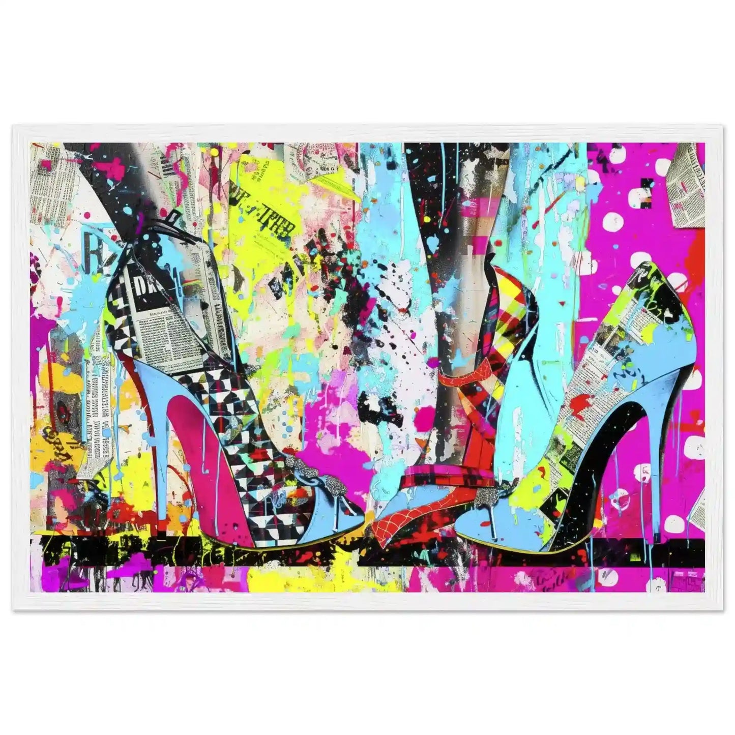 White wooden framed print of high heels against a backdrop of colorful newspaper texture collage and paint splashes. Neon Stiletto 80's Remix-Graphique Addictions.