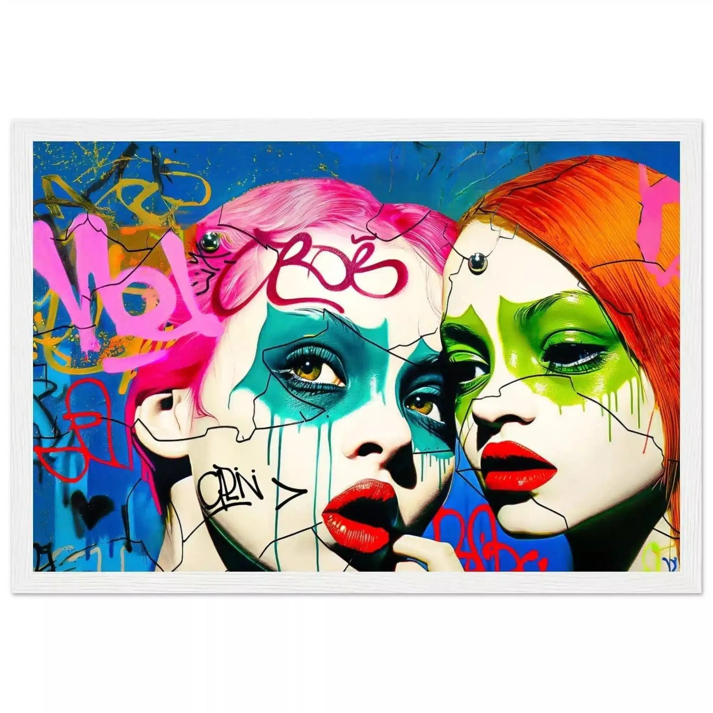 2 teenage girls with pink and orange-red hair, green eyes, and bold red lips against a backdrop of colorful street art. White wooden frame, Phantoms puzzle of decay-Graphique Addictions