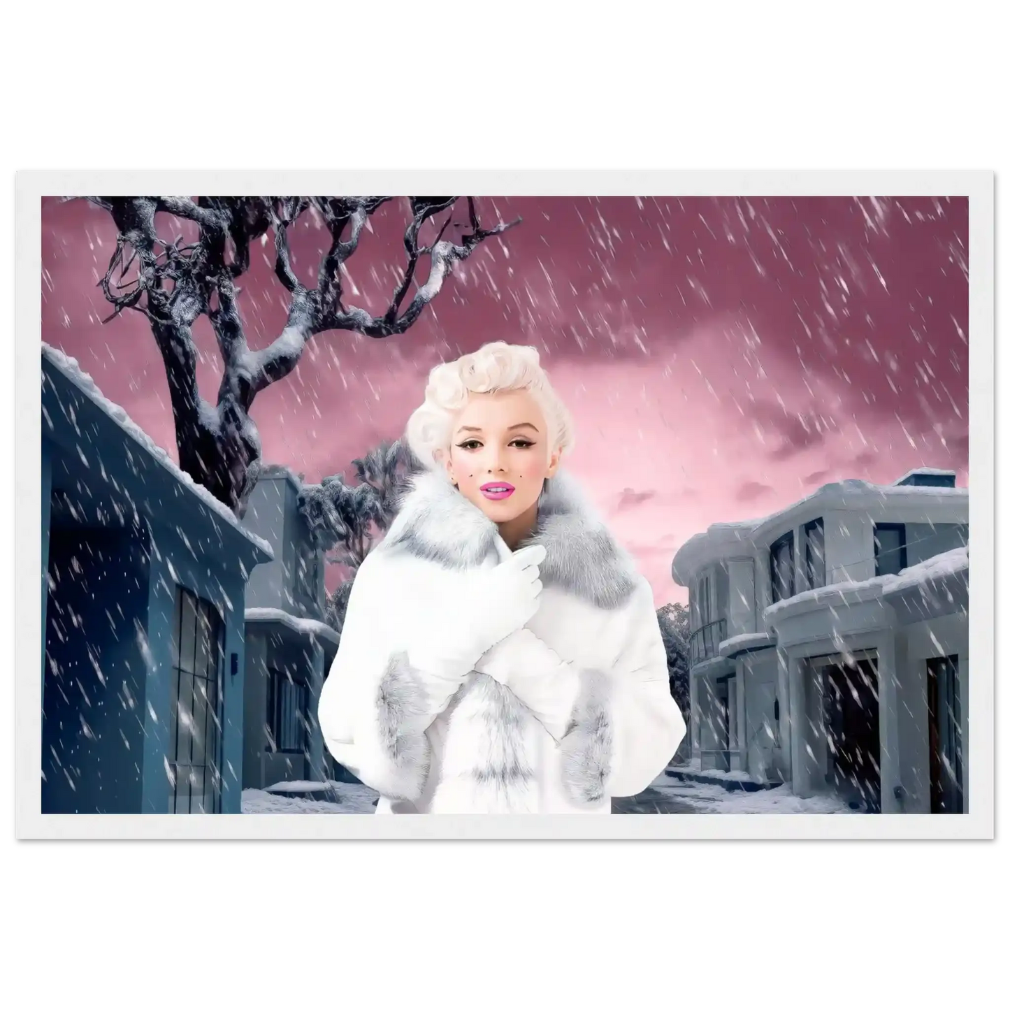 marilyn monroe wearing a white fur coat and gloves, standing under a snowy sky with a pink hue, surrounded by gray houses-white-12x18-inches-wooden-framed-print-pink-snowstorm-21, Graphique Addictions