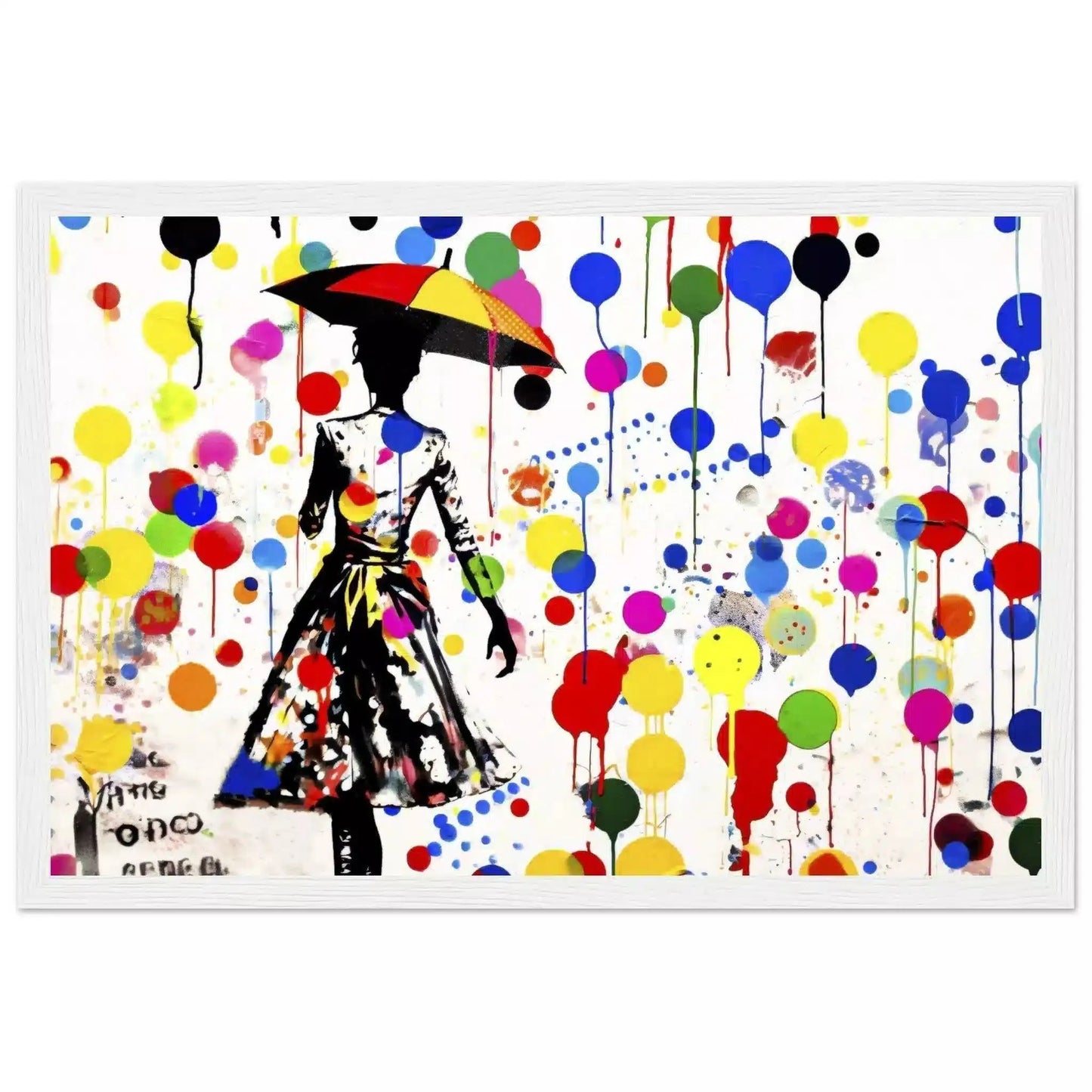 Elegant woman with umbrella amid colorful paint splashes, dots, and balloons on a white background. White Wooden Framed Print-Polka Splash Soiree - Framed Print-Graphique Addictions