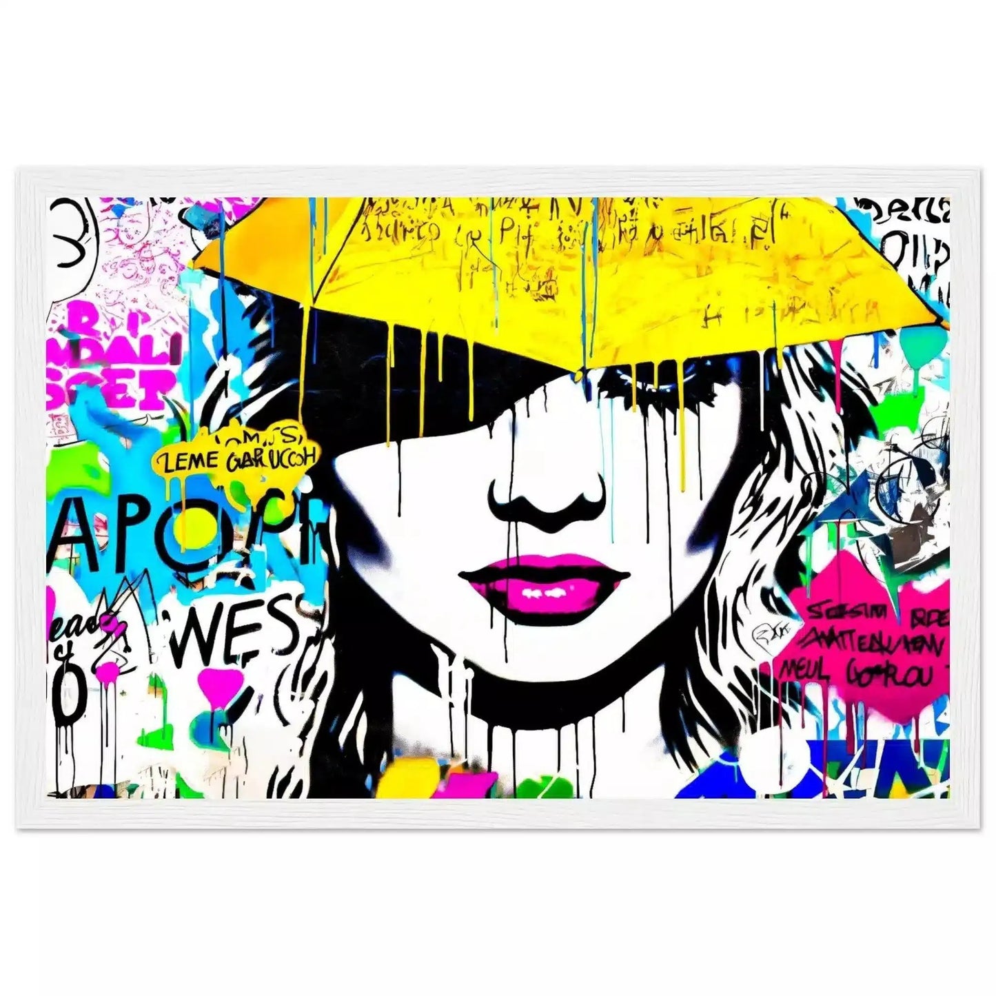 White wooden framed Print close-up of womans face with pink lips, a yellow umbrella is above her, white background with colorful dripping paint. Radiant Umbrella Comic Burst-Graphique Addictions.