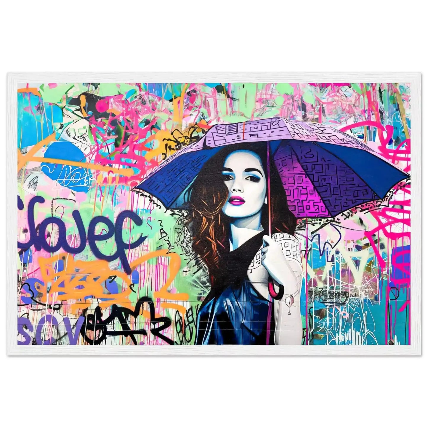 Brunette woman with long hair, holding a purple-blue colored umbrella with black graffiti accents. White wooden framed print-Rainbow Graffiti Tempest-Graphique Addictions