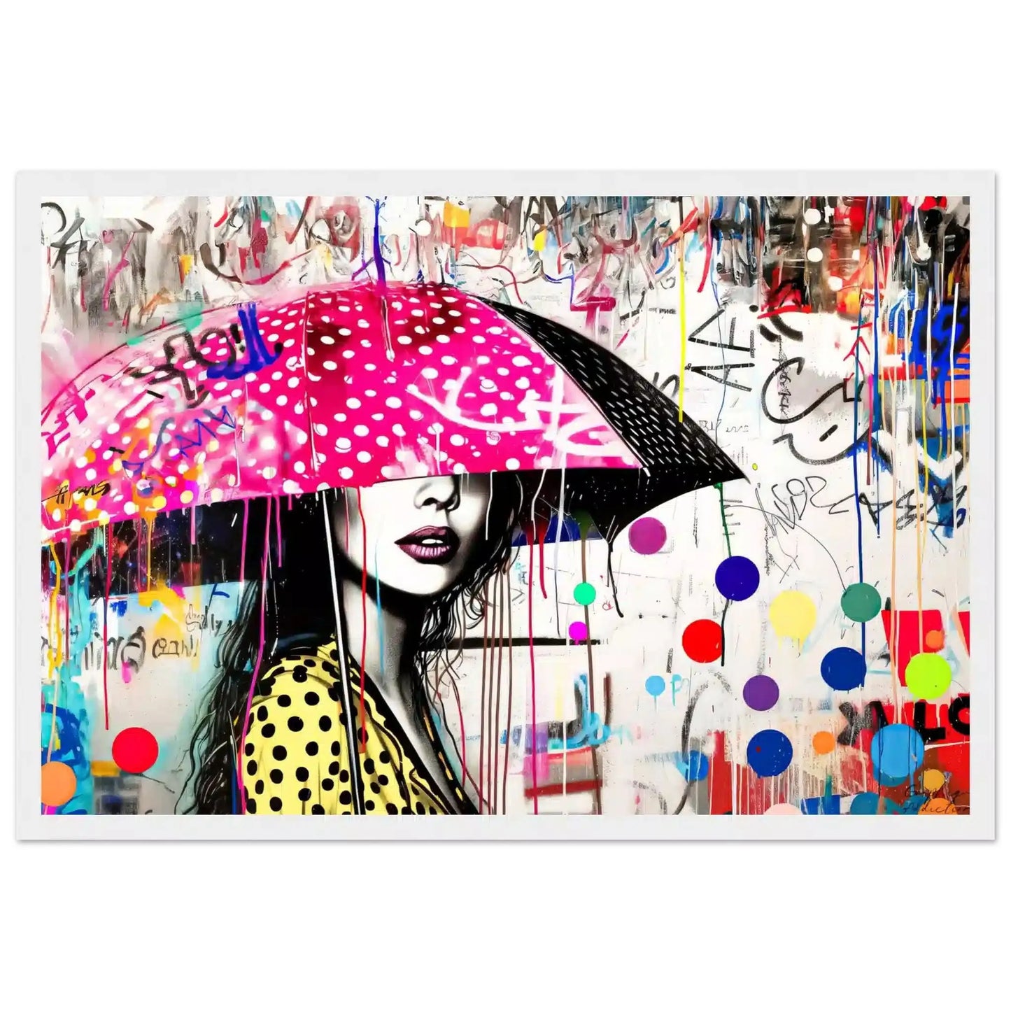 White wooden frame of woman holding a pink umbrella with white polka dots and colorful paint splashes. Street Art Storm-Graphique Addictions.