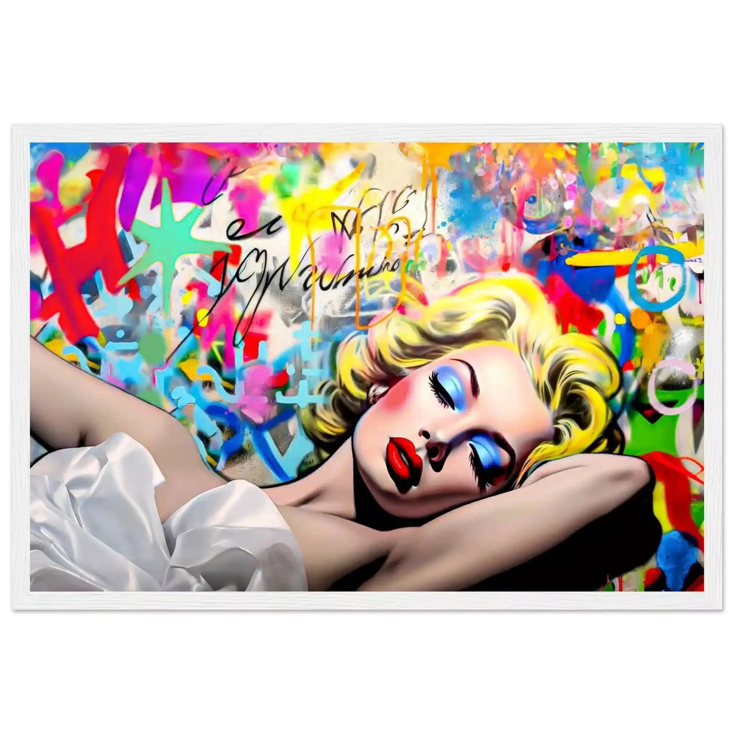Blonde woman in a white dress lying down, with blue eyeshadow and red lipstick, against a vibrant graffiti wall. White Wooden Framed Print-Street Style Serenade - Graphique Addictions
