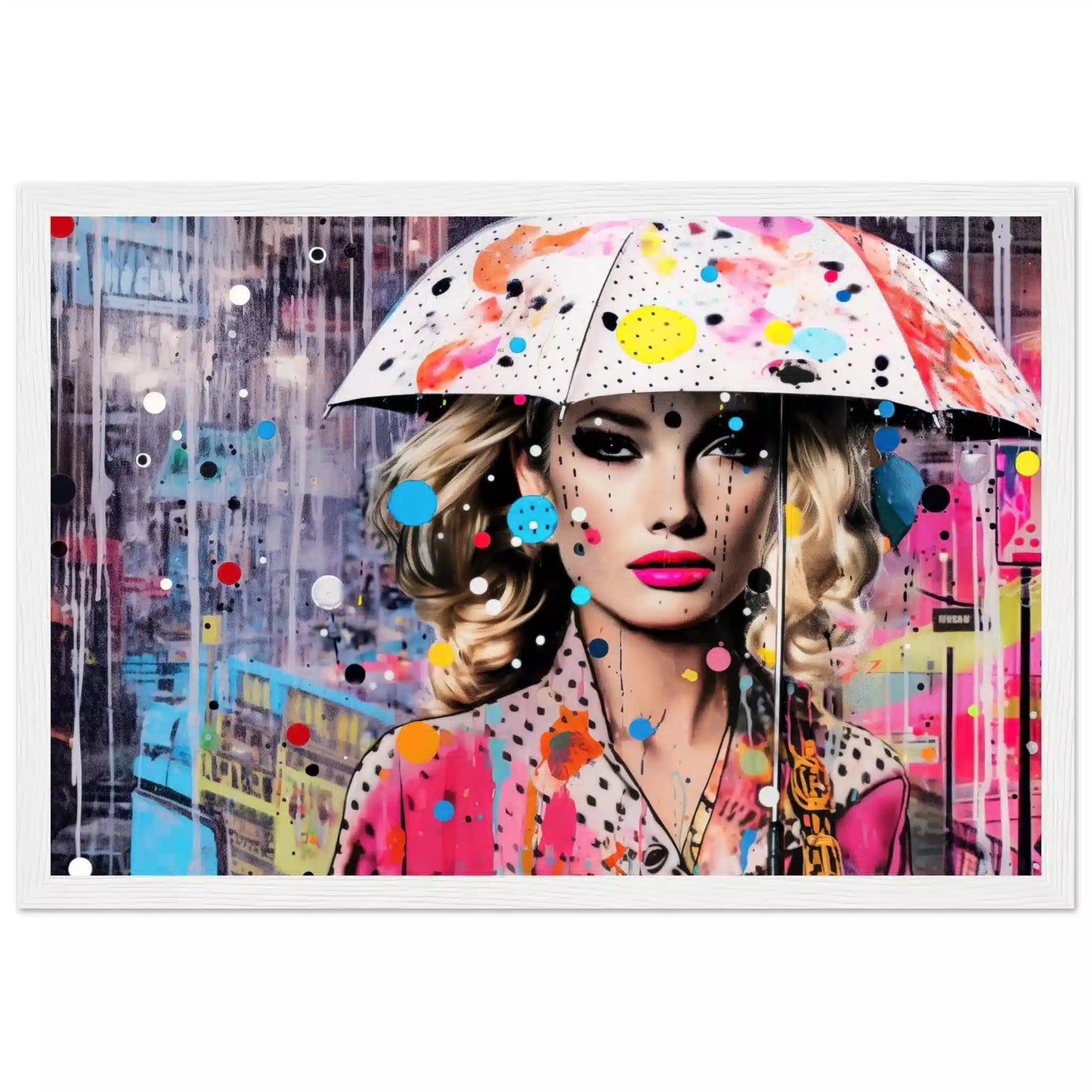 Blonde woman in a polka-dot dress with a colorful umbrella, set against a rain-soaked cityscape with pink and blue street art. White Wooden Framed Print-Vibrant Drizzle Elegance-Graphique Addictions
