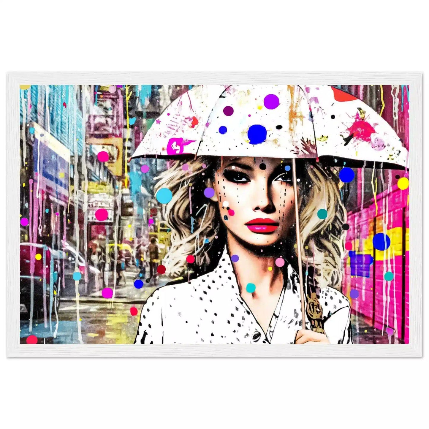 white wooden frame of woman holding a white umbrella with colorful dotted paint splatters. Vivid Vogue Rainfall, Graphique Addictions.