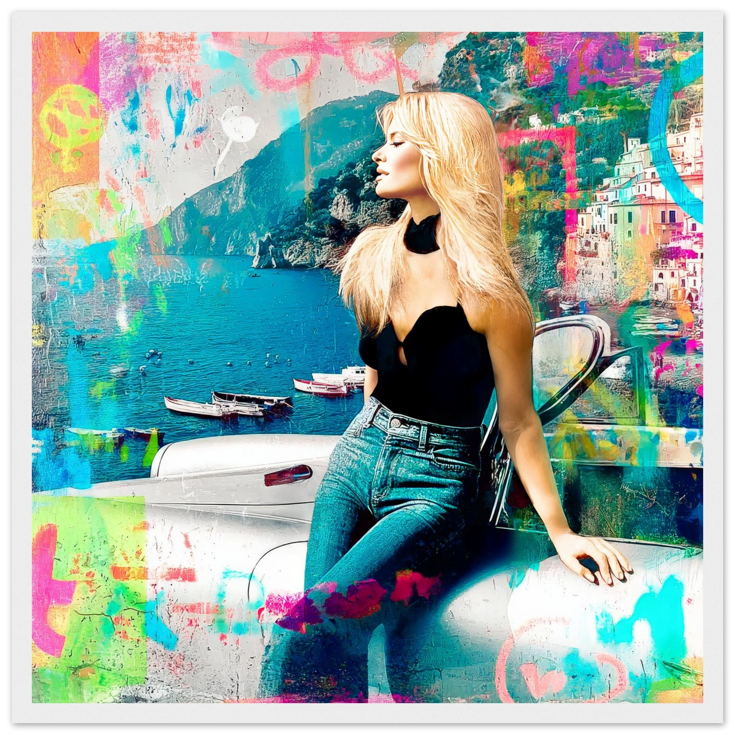 collage art painting of brigitte bardot in italy at the coast of amalfi leaning against a white corvette-white-wooden-framed-print-amalfi-coast-pop-framed-print-6, Graphique Addictions