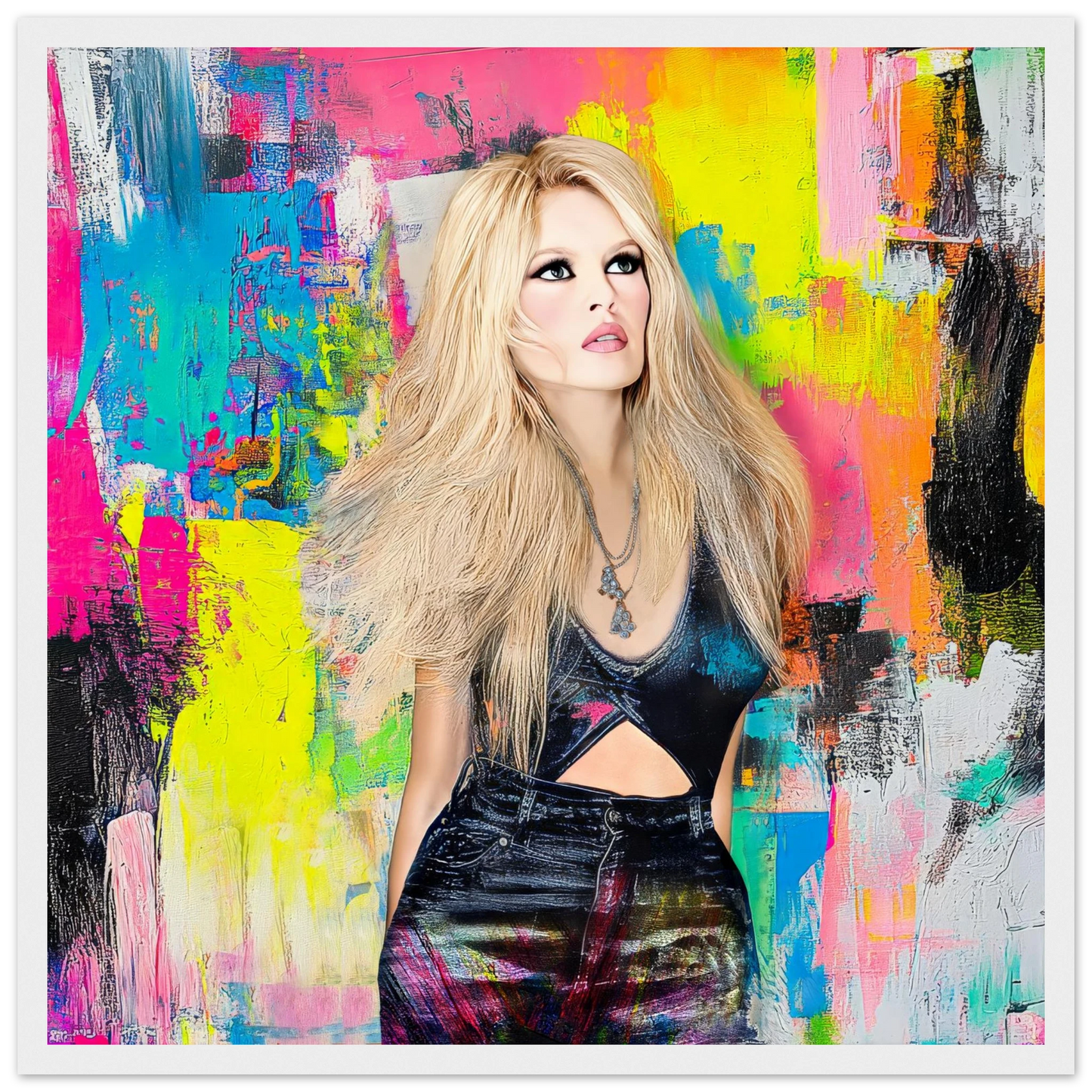 art print of brigitte bardot wearing black jeans and top against a vibrant abstract painting of colorful brushsrokes-graphique addictions-white-wooden-framed-print-brushstroke-bardot, Graphique Addictions