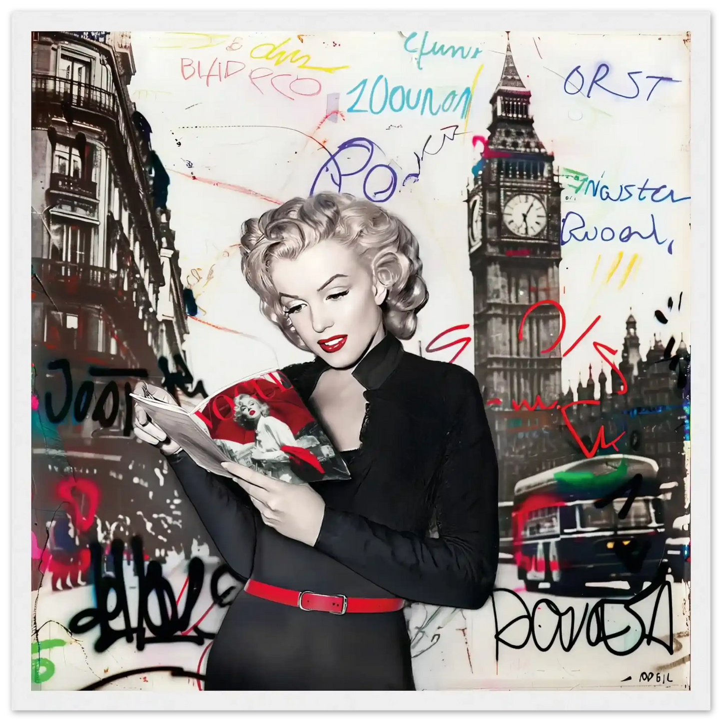 Black and white art of Marilyn Monroe in London with vibrant red lips, Big Ben behind her, and colorful graffiti.-white-16x16-inches-wooden-framed-print-marilyn-in-london-4, Graphique Addictions