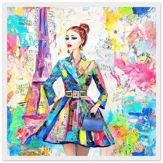 colorful art of a doll figure wearing a trench coat against a Parisian backdrop carrying a blue handbag-white-16x16-inches-wooden-framed-print-monet-paris-dior, Graphique Addictions