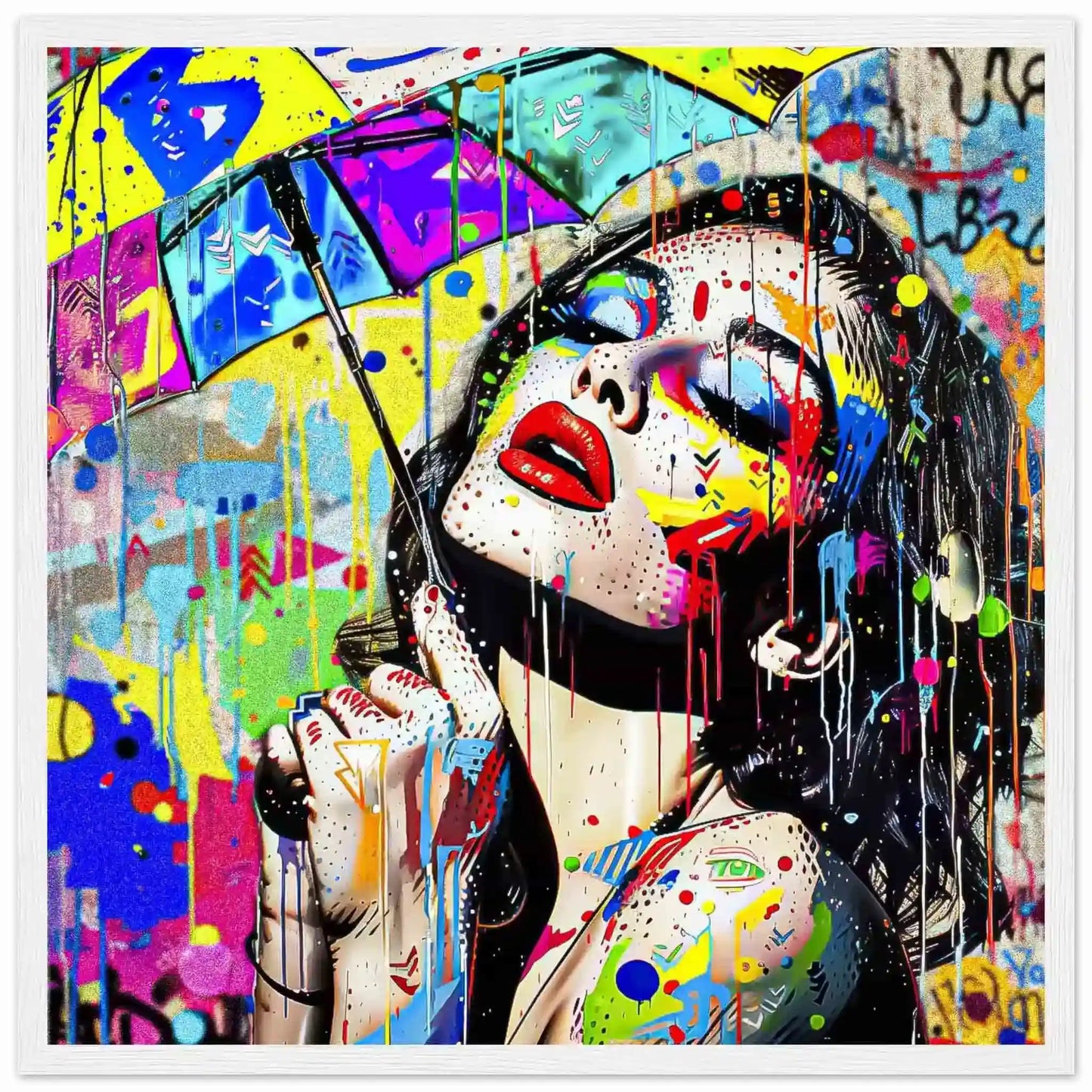 beautiful woman holding an umbrella against a vibrant storm of colorful paint splashes. White wooden Framed Print-Painted Rainstorm Glam-Graphique Addictions