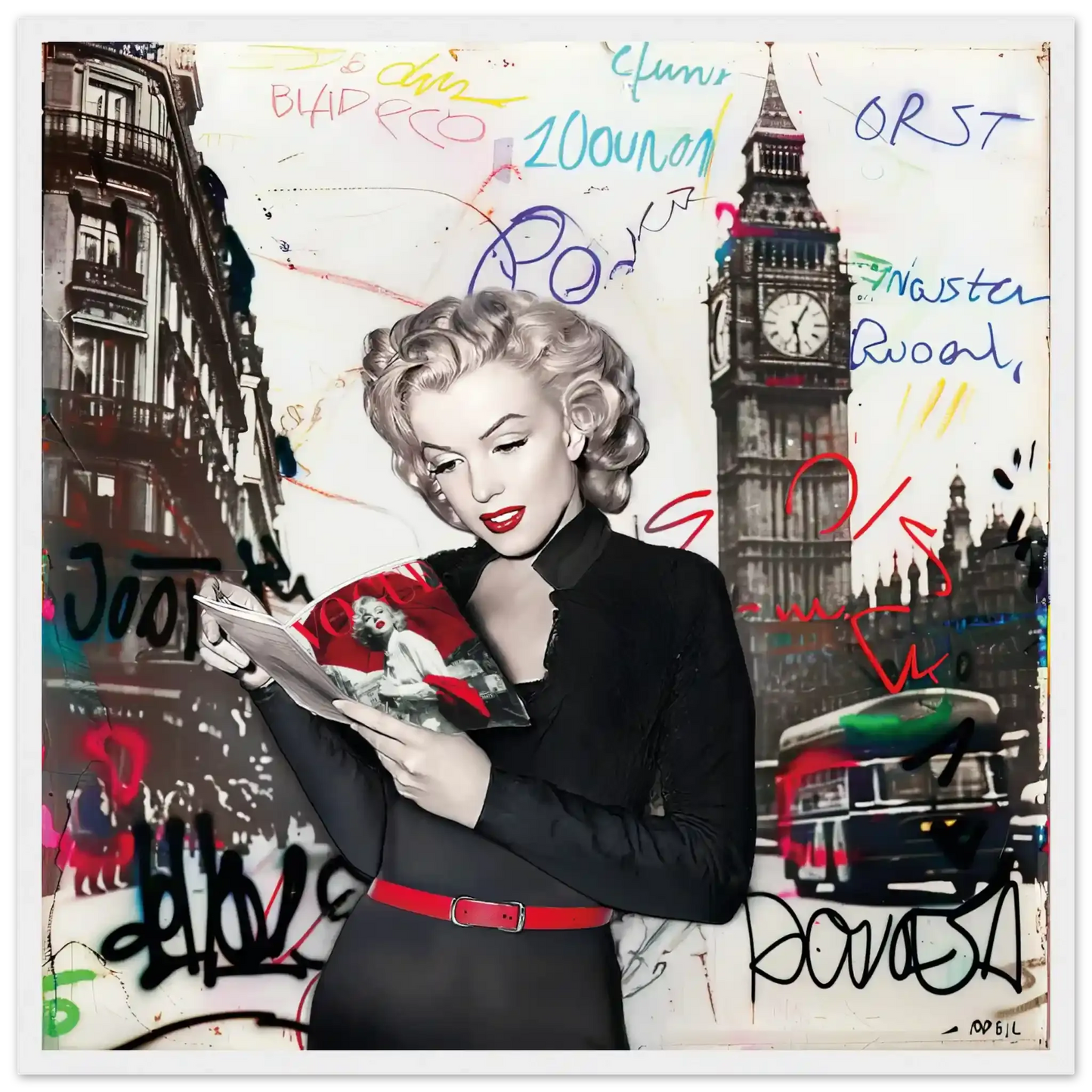 Black and white art of Marilyn Monroe in London with vibrant red lips, Big Ben behind her, and colorful graffiti.-white-20x20-inches-wooden-framed-print-marilyn-in-london-2, Graphique Addictions
