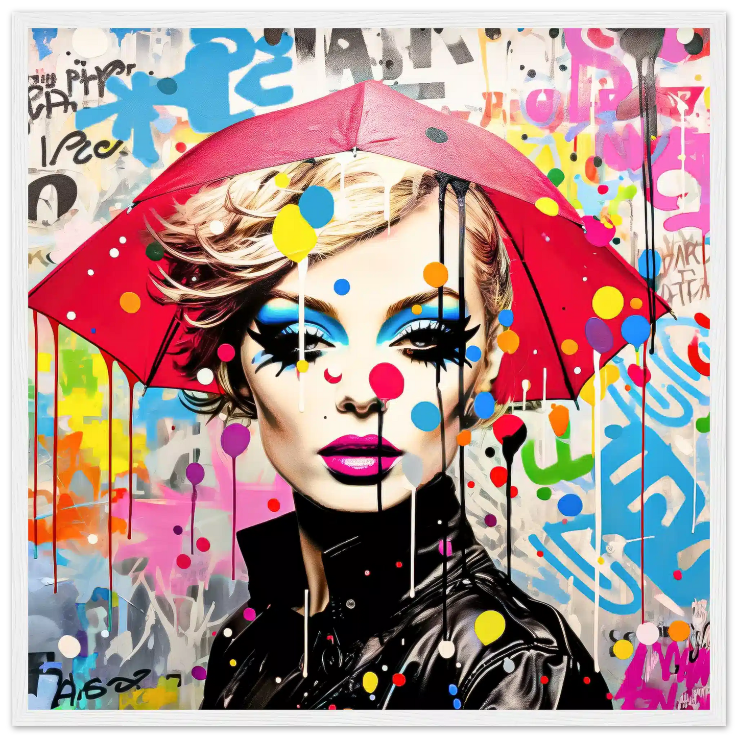 Portrait of a model with bold makeup and polka dots, holding an oversized umbrella, set against colorful street graffiti with lines and paint-drip effects. White Wooden Framed Print-Rain Radiance-Graphique Addictions
