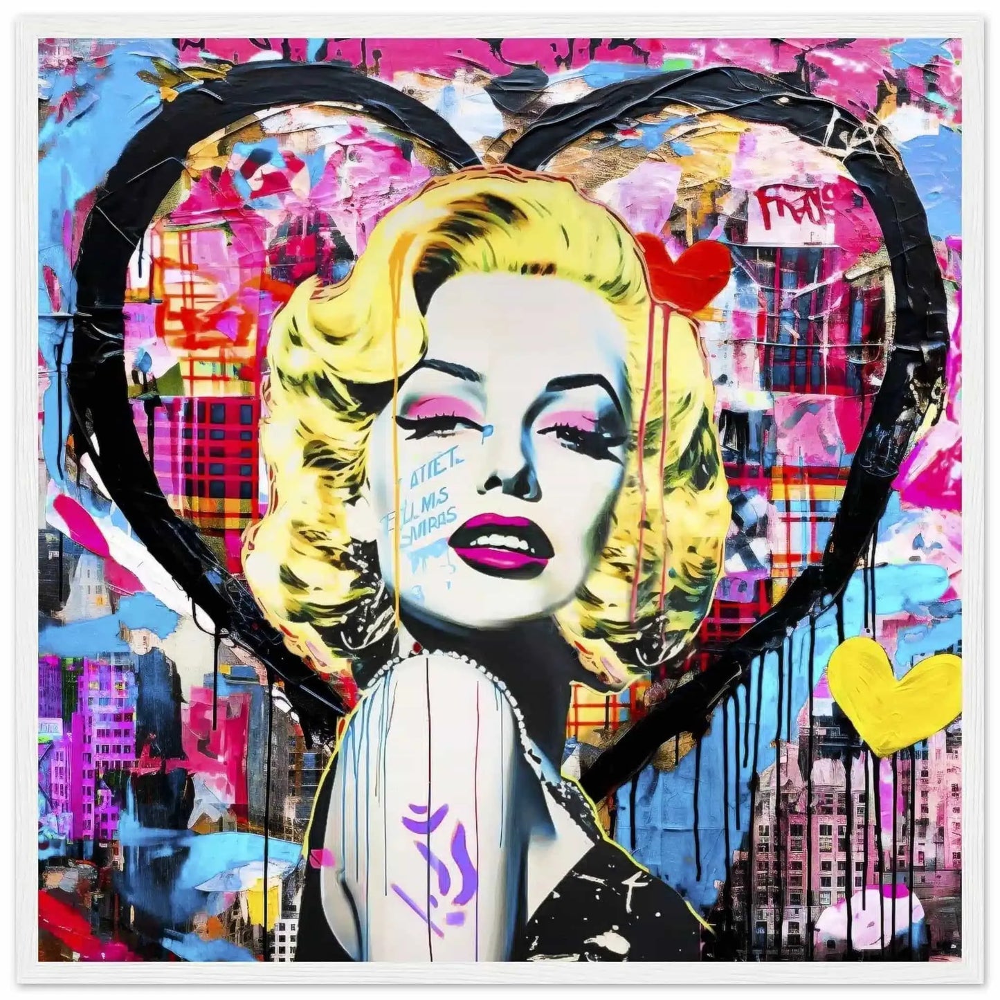 Marilyn Monroe portrait set against a heart-shaped cityscape background, with vibrant graffiti and bold colors and patterns. White Wooden Framed Print-Vibrant Heart Portrait-Graphique Addictions
