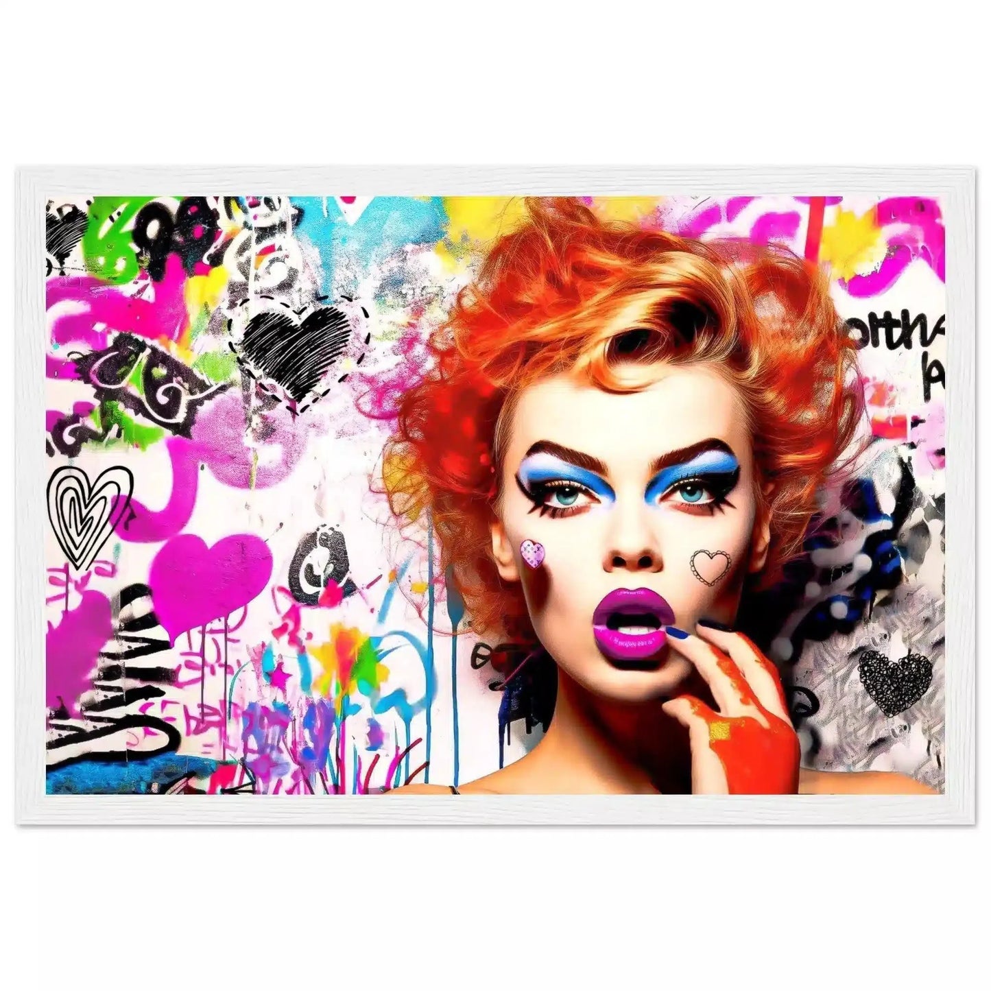 Chic Chaos: Red-haired woman against a backdrop of colorful graffiti art, hearts, and butterflies in a white wooden frame-Graphique Addictions.