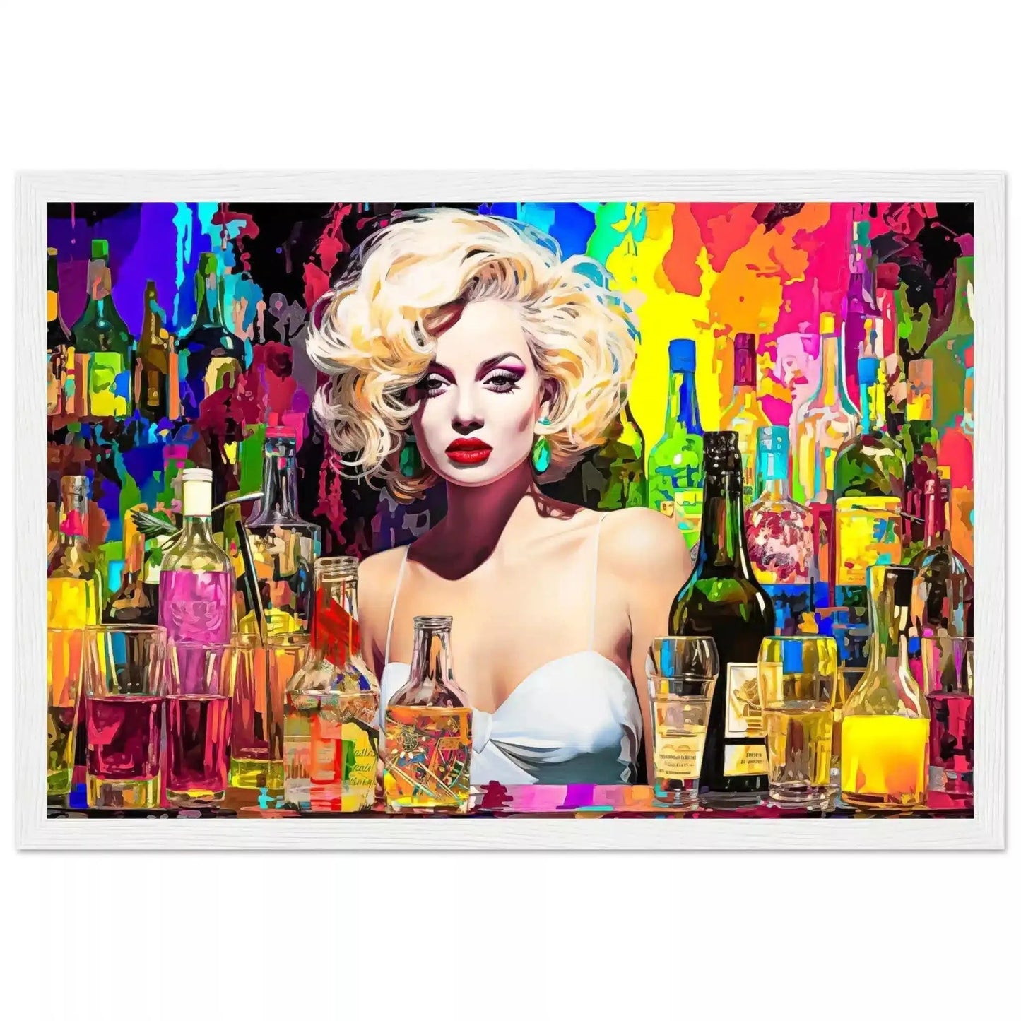 White wooden framed print of Marilyn Monroe behind the bar in a white dress, surrounded by colorful alcohol bottles and glasses. Marilyn's Intoxication of Imagination-Graphique Addictions.