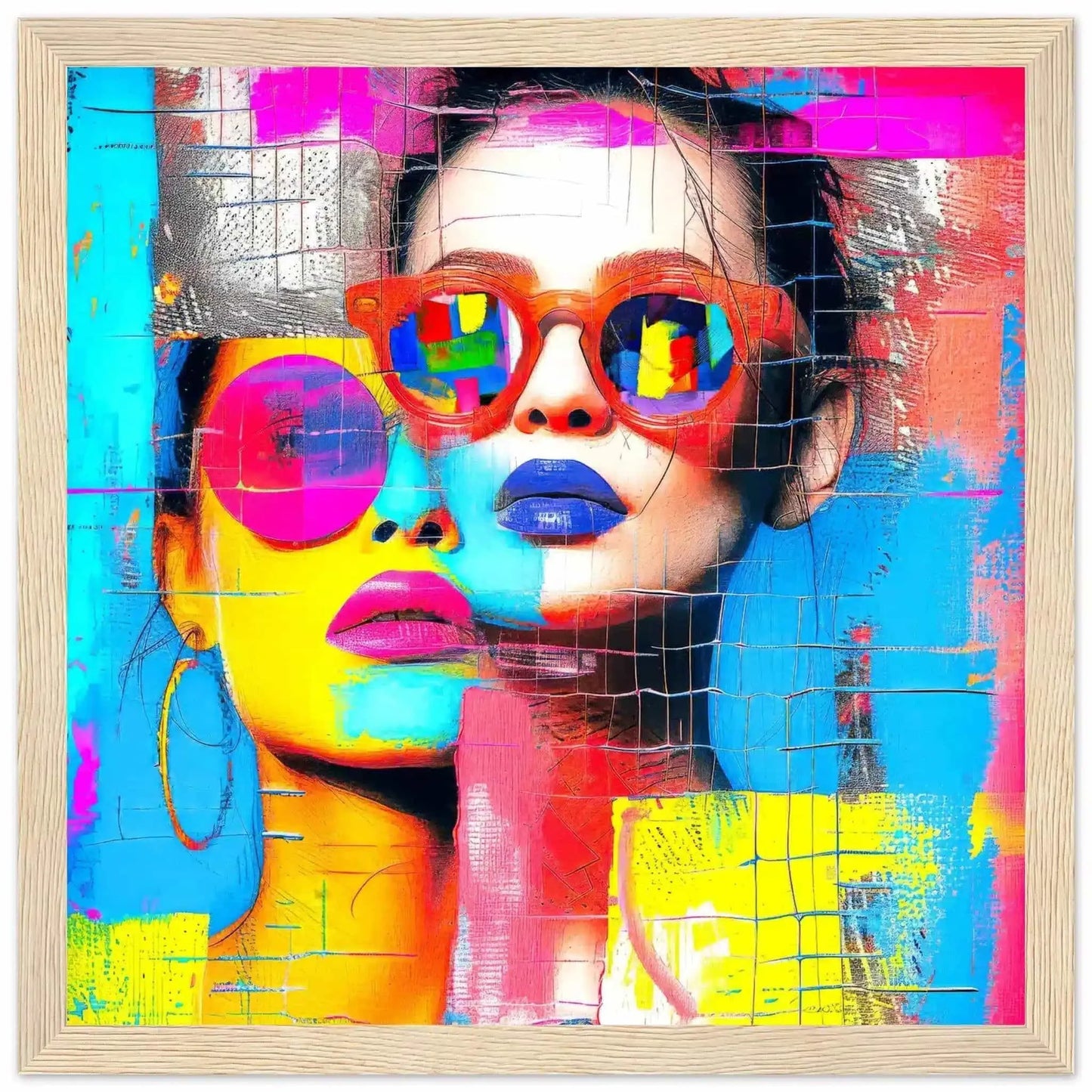 Colorful geometric art collage of woman with sunglasses in a wooden frame.