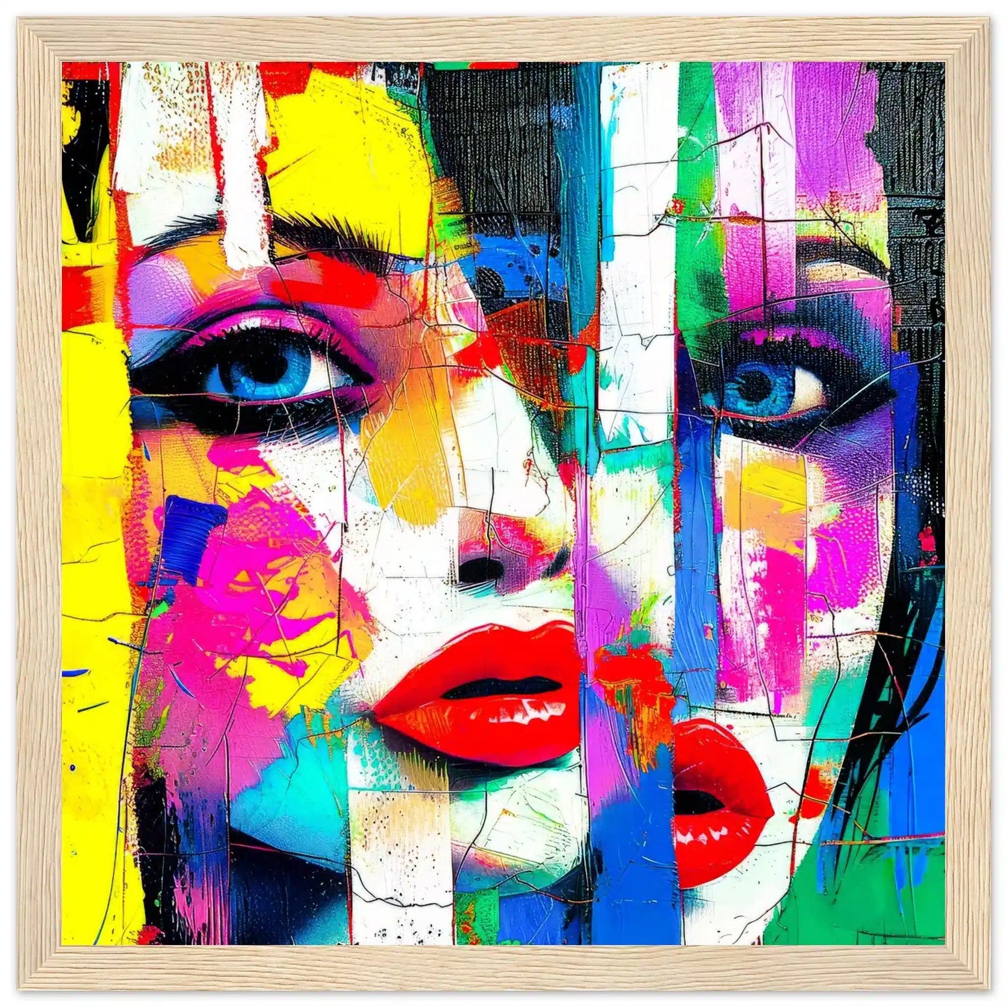Wooden framed print of woman's face composed of geometric shapes in vibrant colors, aluminum print. Abstract-Femme, Graphique Addictions.
