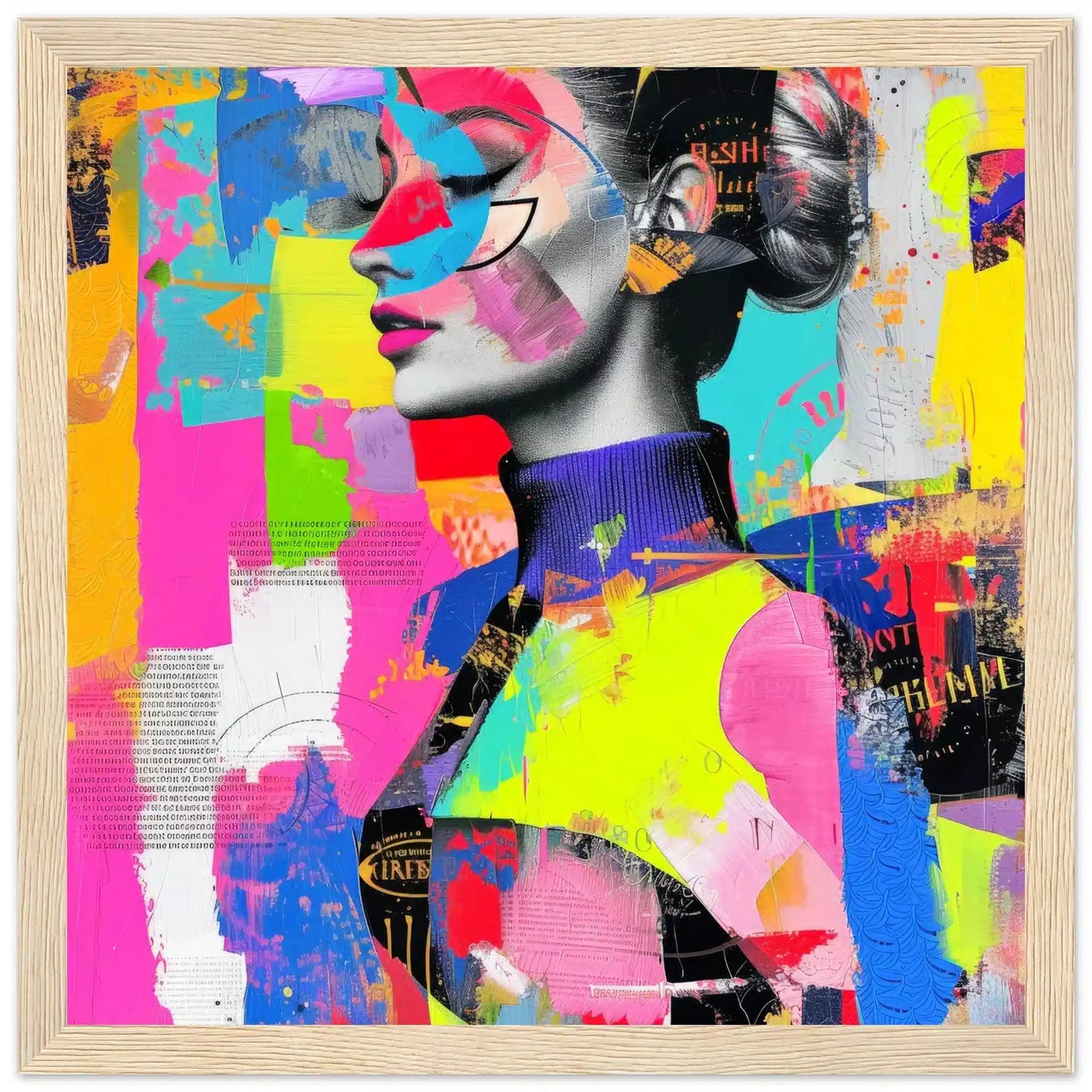 Abstract Radiance: Art collage of neon colored geometric shapes and a woman wearing a colorful abstract turtleneck in a wood wooden frame-Graphique Addictions.