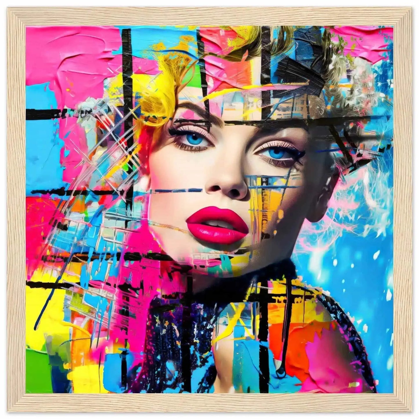 Chroma Blended Fusion: Abstract portrait of a woman surrounded by neon geometric shapes and glitch effects in a wooden frame-Graphique Addictions.