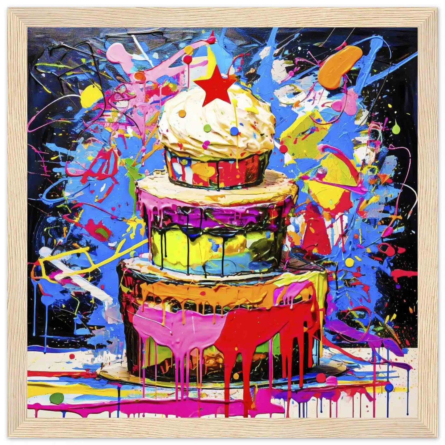 Chromatic Cake Confection: Multi-tiered birthday cake with colorful frosting dripping down its sides, neon paint splashes in a wooden frame. Graphique Addictions.