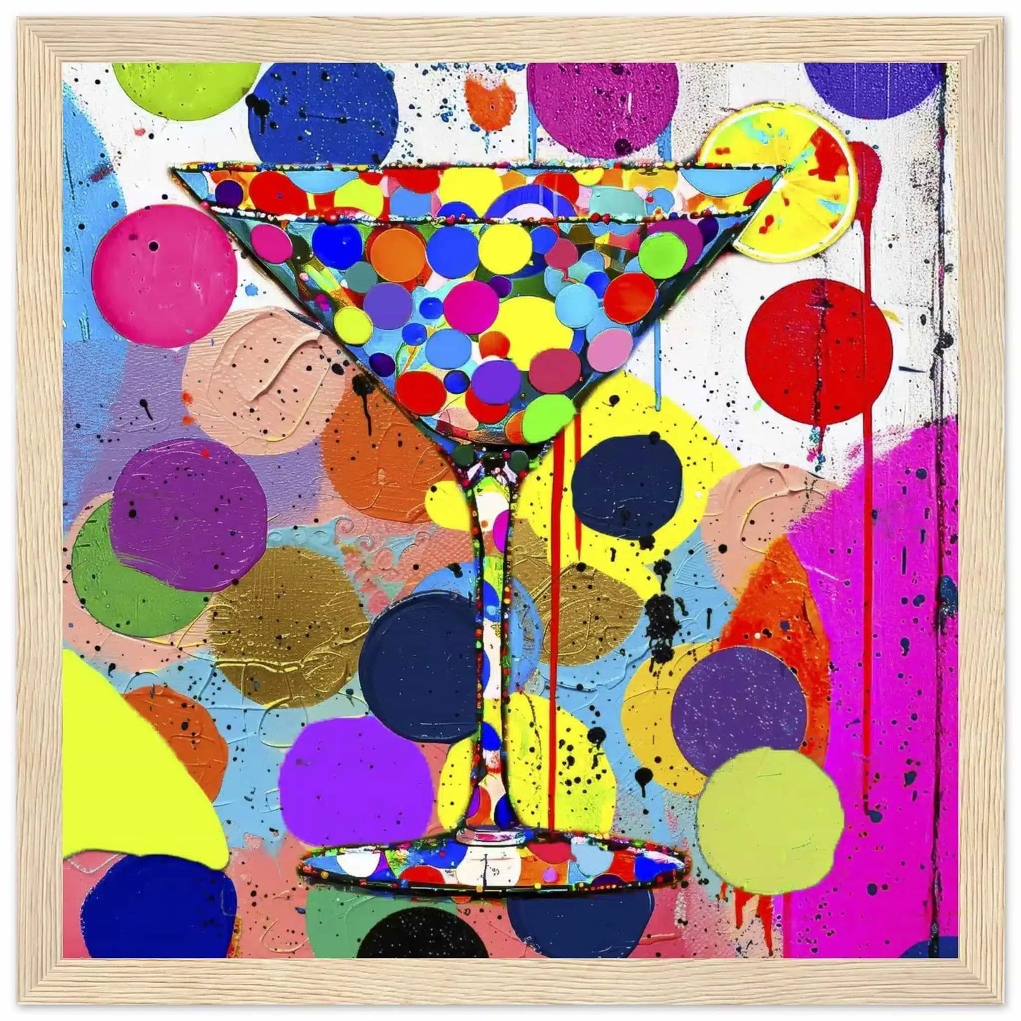 Wooden framed art print of a multi-colored polka-dotted martini glass and colorful dots in the background. Titled: Dotted Martini Delight-Graphique Addictions.