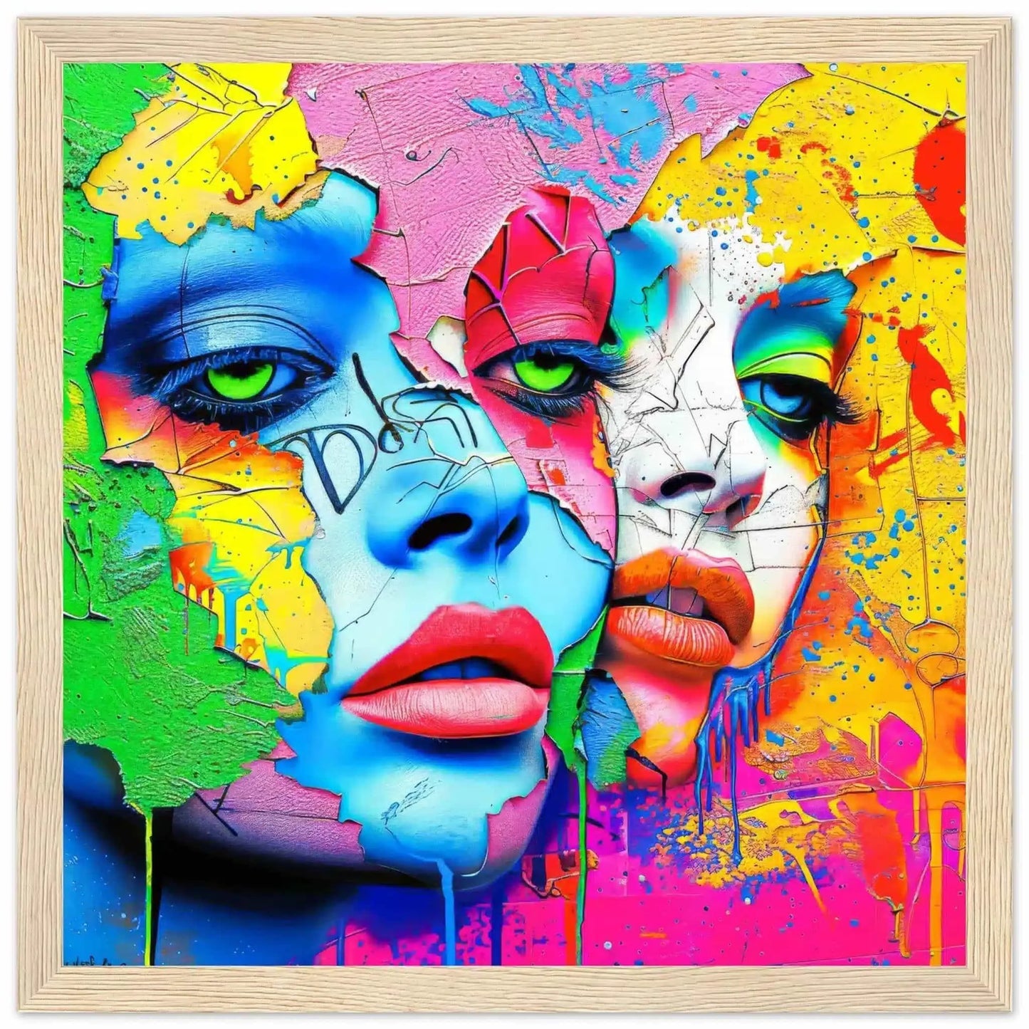 Wooden framed art print of 2 women's multi-colored porcelain faces that blend into a colorful painted background. Titled: Dual Pop Persona-Graphique Addictions.