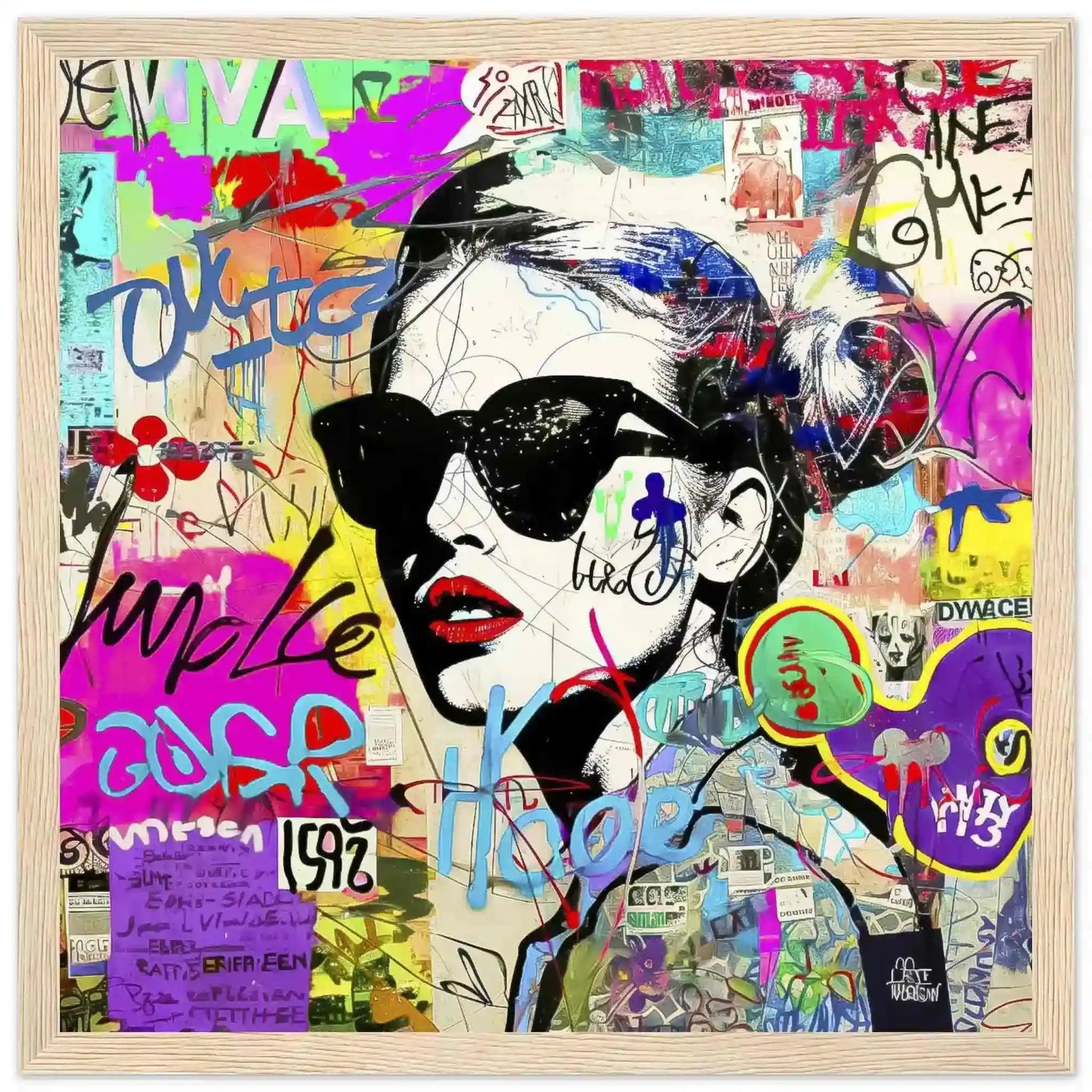 Wooden framed art print of a woman wearing sunglasses with tattoes on her body and face. Surrounded by street-style stickers, labels, numbers, letters, and symbols in vibrant colors. Titled: Graffiti Chic Chronicles-Graphique Addictions.