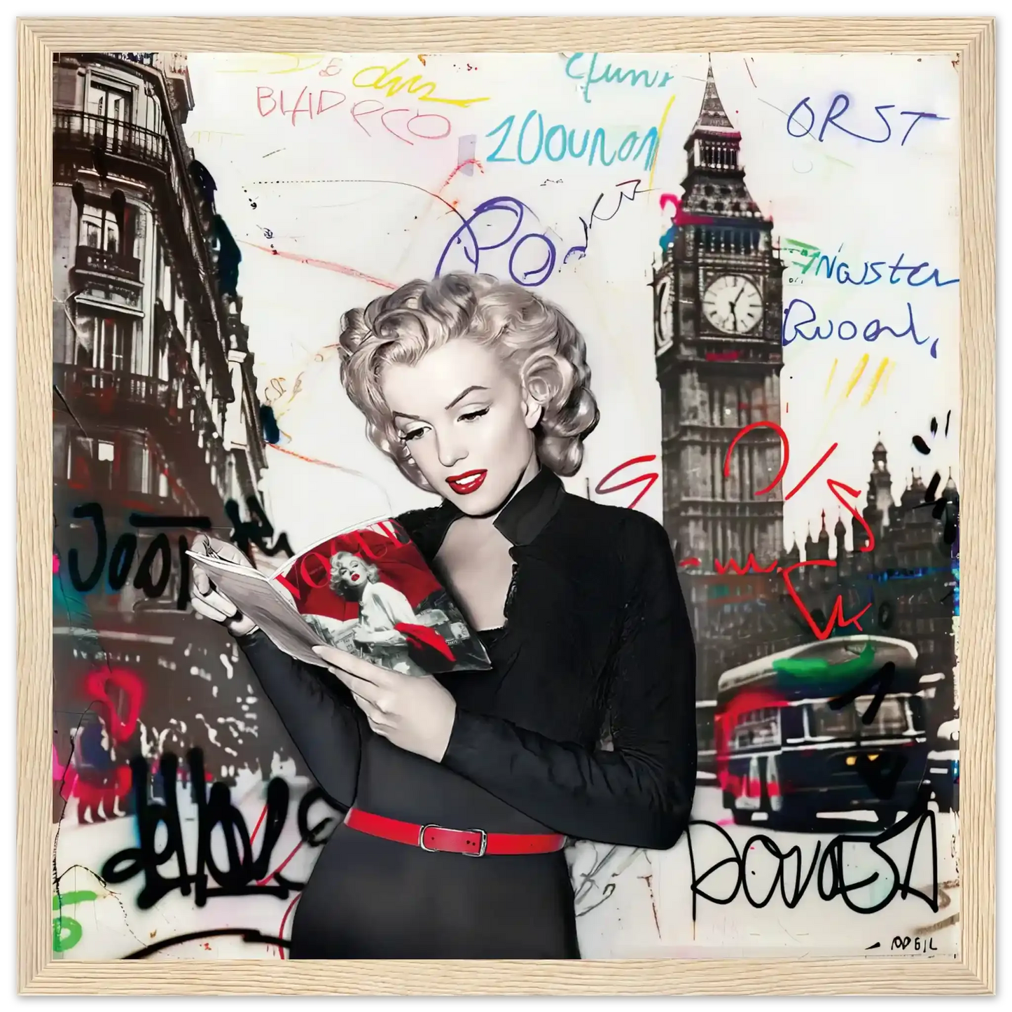Black and white art of Marilyn Monroe in London with vibrant red lips, Big Ben behind her, and colorful graffiti.-wood-12x12-inches-wooden-framed-print-marilyn-in-london, Graphique Addictions